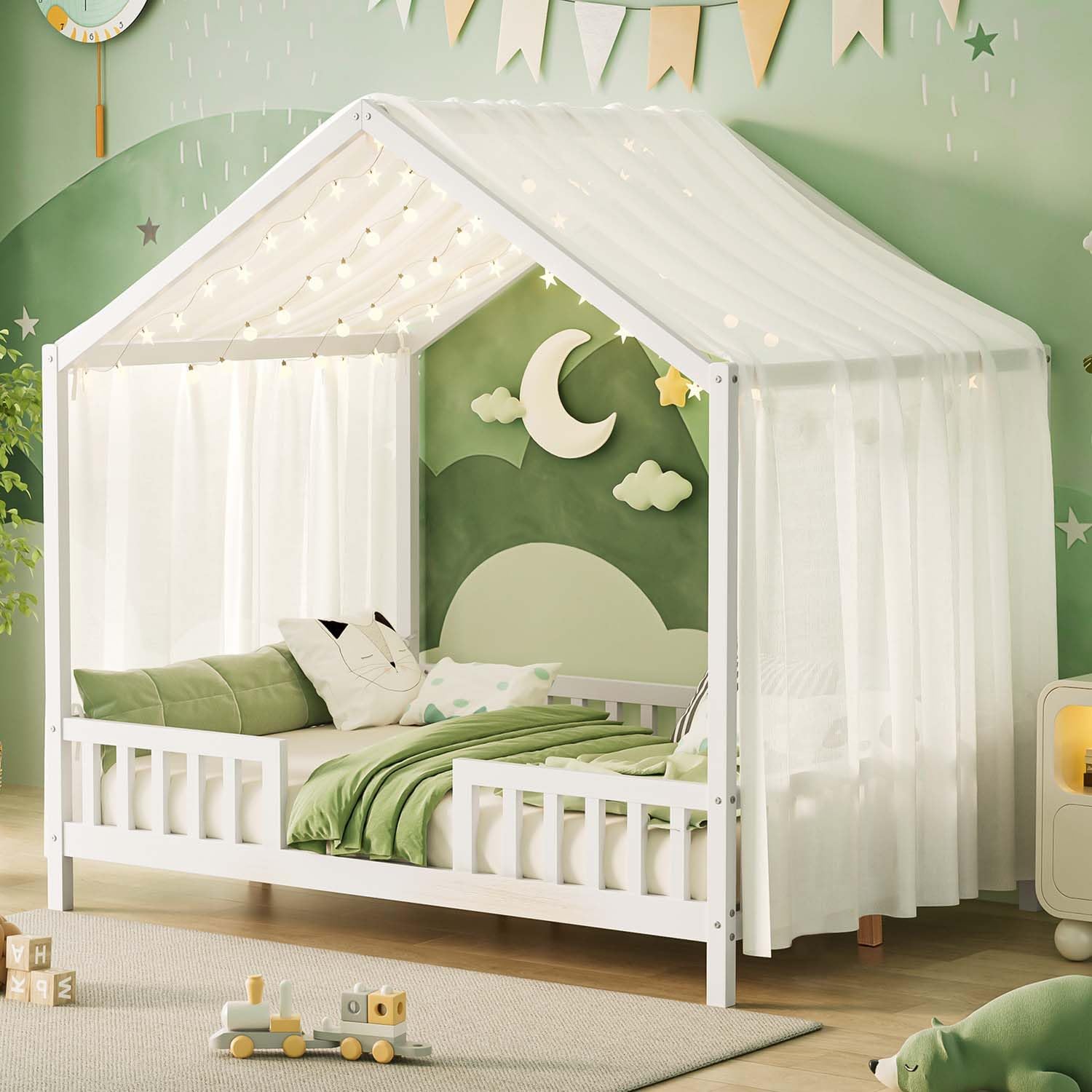 Cute Montessori Bed Frame Full Size with Canopy, Low Profile House Shape Bed with Safety Railing & Wood Slat Support, Kids Playhouse Bedframes for Boys Girls (White, Full)