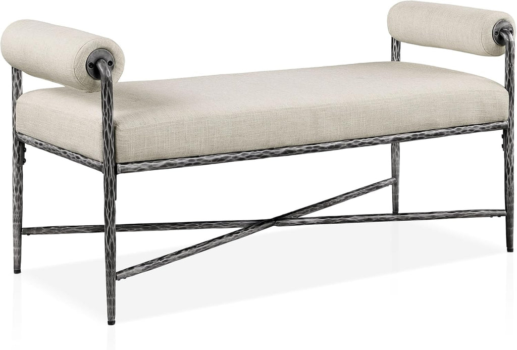 24/7 Shop at Home Lalia Hammered Metal 4-Piece Bedroom Collection, Upholstered Bed Frame with Camelback Headboard, Forged Steel, Bench and Curved Nightstands, Foundation Required, Queen, Matte Grey