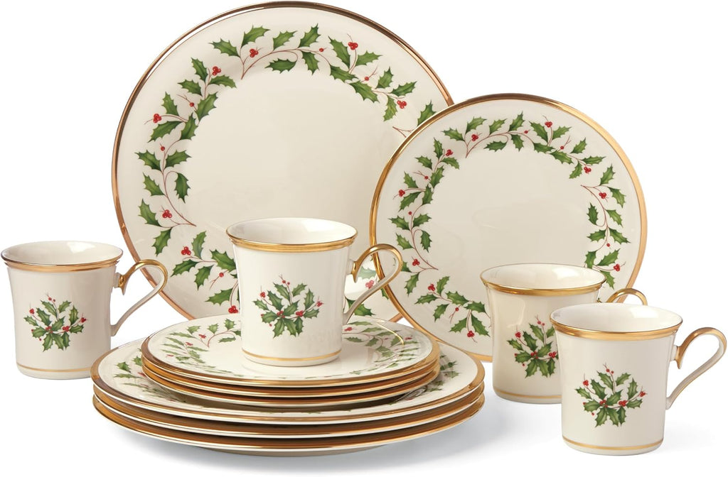 Lenox Dinnerware Set, Holiday 12-Piece Set, Service For 4, Porcelain Plate, Berry Motif With 24-Karat Gold Accents, Christmas Dinner Plates, Salad Plates And Mugs, Dishwasher Safe (Assorted, 12 Piece)