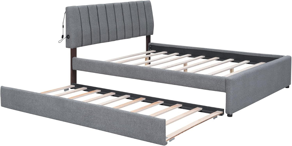 Teddy Fleece Queen Size Upholstered Platform Bed Frame for Boys Girls Kids Adults Toddler with Trundle, Gray