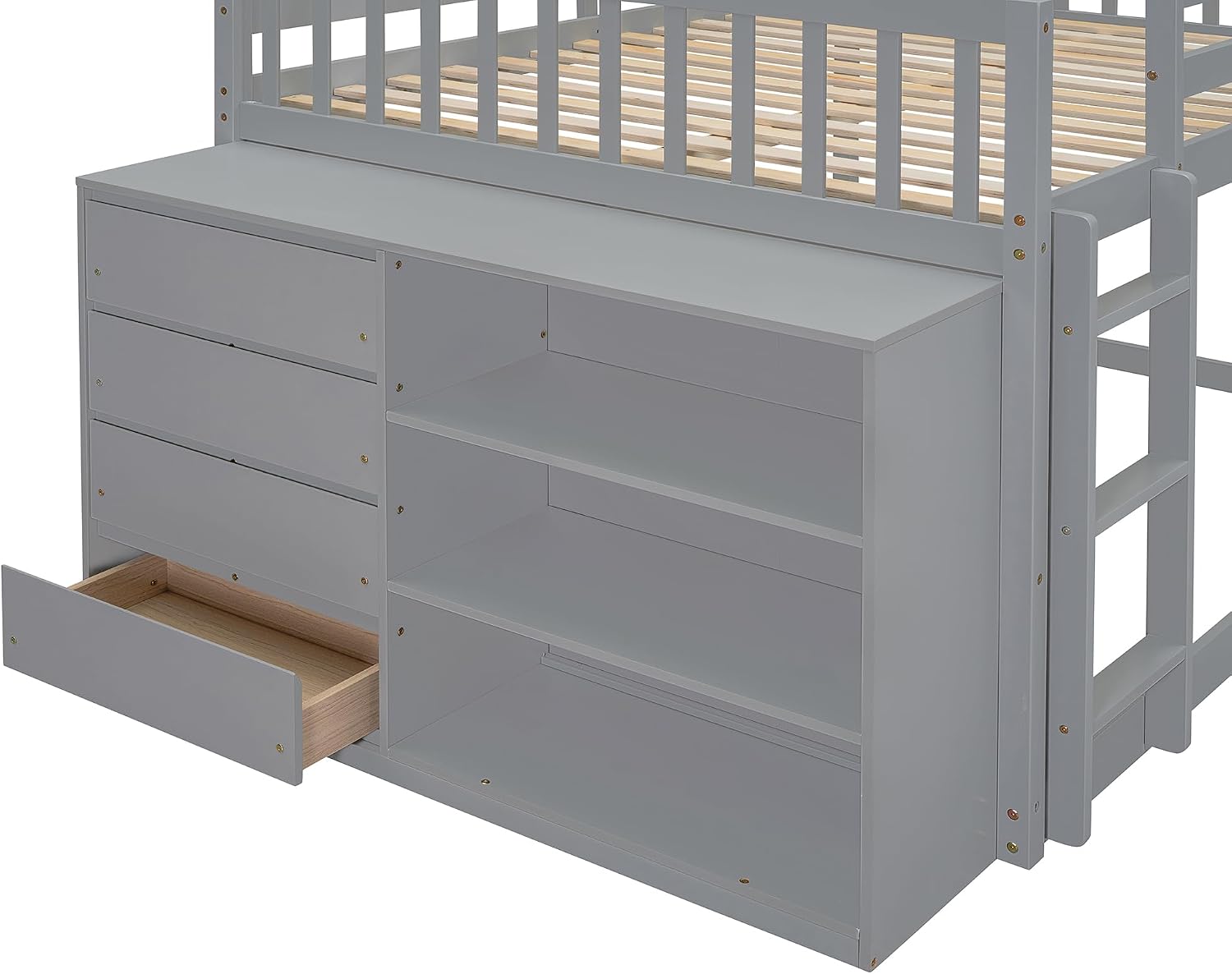 Merax Full Over Full Bunk Bed with 4 Storage Drawers and 3 Shelves, Wooden Floor Bunk Bedframe with Guardrail & Ladders, No Box Spring Needed, Easy Assembly