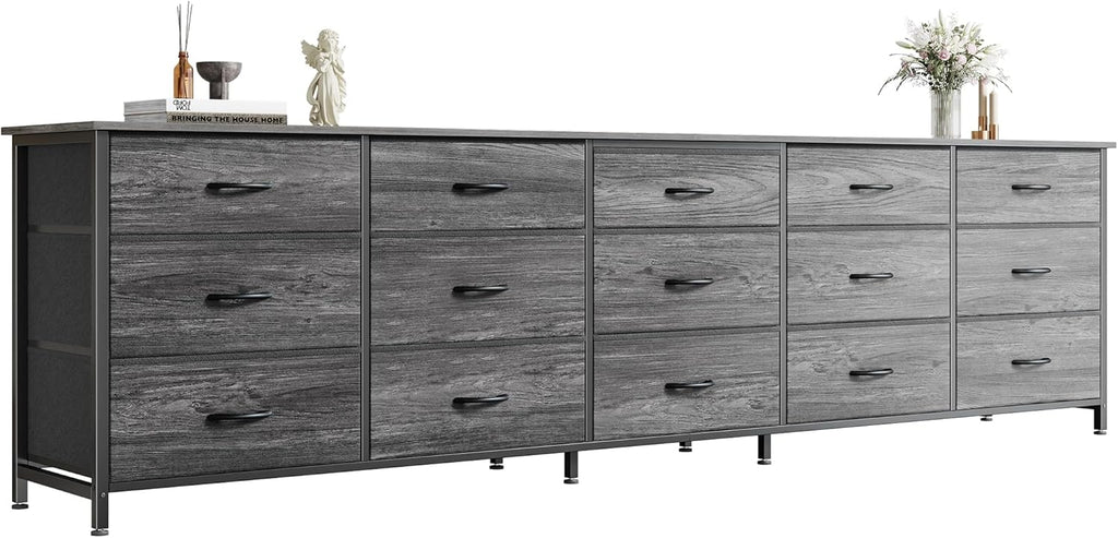Huuger 78.7 inch Long Dresser for Bedroom, 15 Drawer Fabric Dresser for Closet, Large TV Stand for 65, 75, 85 inch TV, Wide Chest of Drawer with Storage, 78.7' W x 12.9' D x 26.7' H, Grey