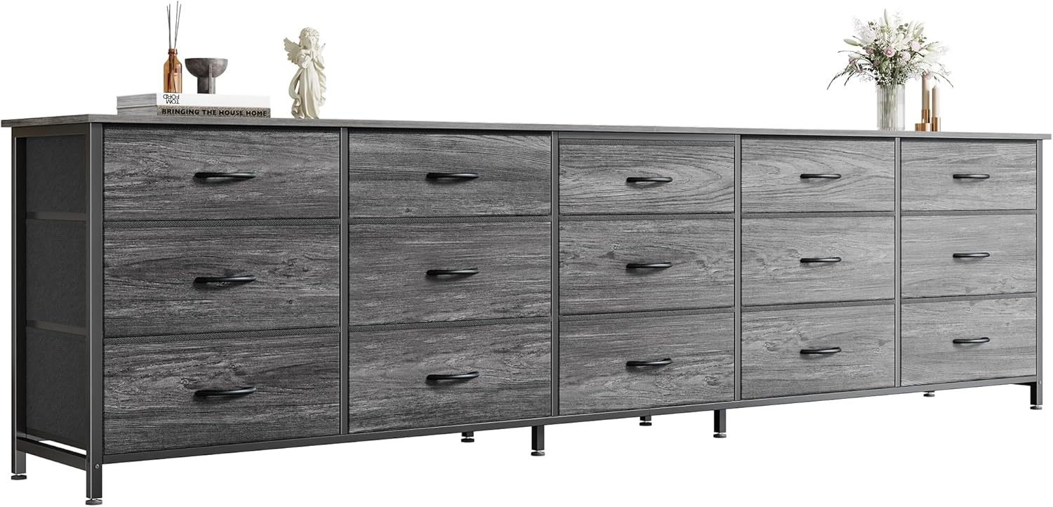 Huuger 78.7 inch Long Dresser for Bedroom, 15 Drawer Fabric Dresser for Closet, Large TV Stand for 65, 75, 85 inch TV, Wide Chest of Drawer with Storage, 78.7' W x 12.9' D x 26.7' H, Grey