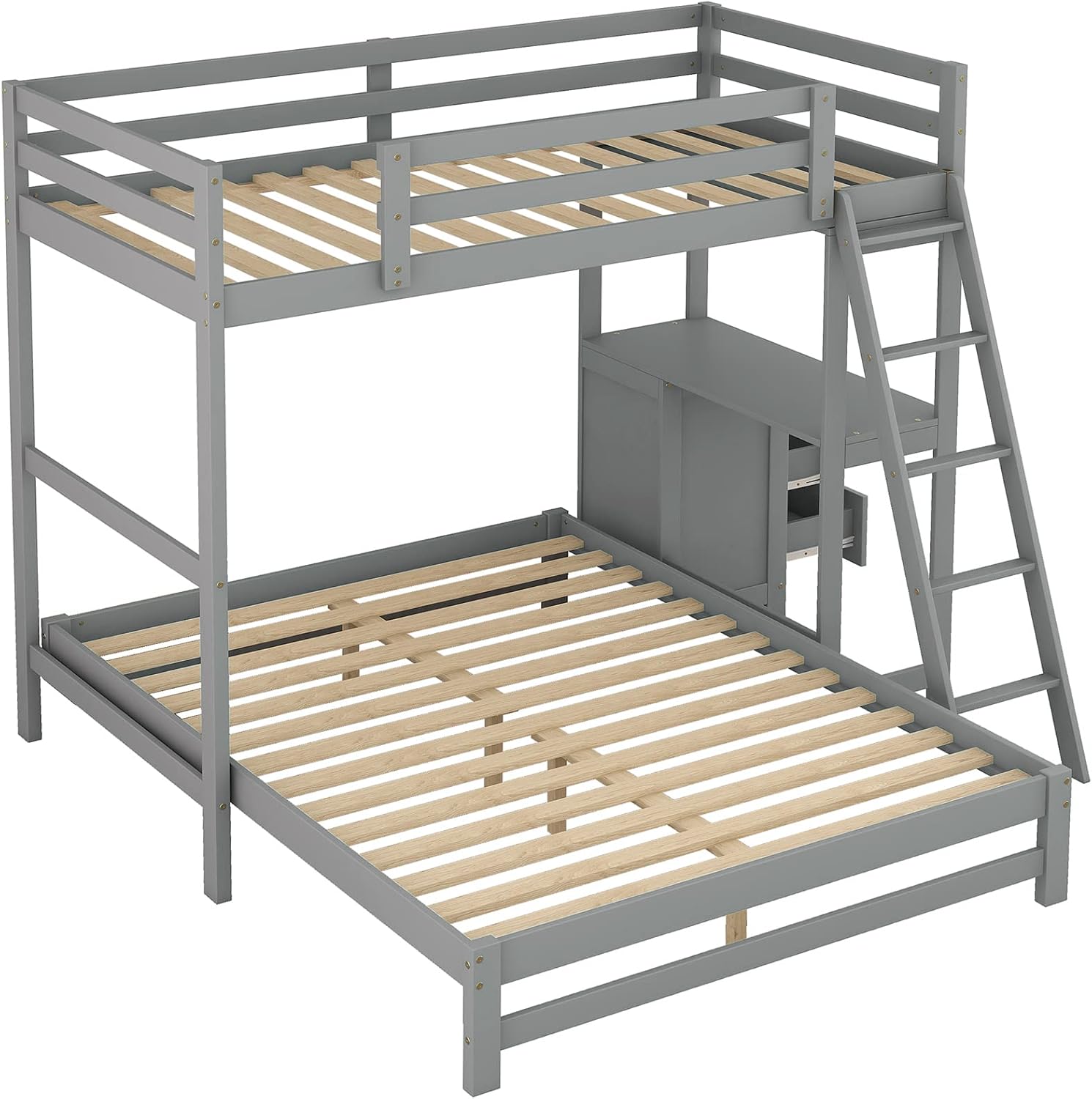 Twin Over Full Bunk Bed with Built-in Desk and Three Drawers,Modern Solid Wood Separate Bed Frame w/Head/Footboards & Guardrail,Easy to Assemble,for Bedroom,Apartment,Grey