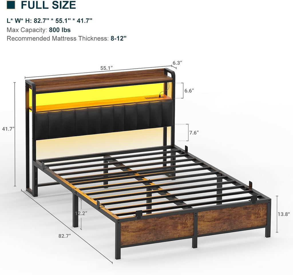 Homieasy Full Size Bed Frame with Charging Station, Industrial Led Bed Frame with Upholstered Leather Headboard, Rustic Brown