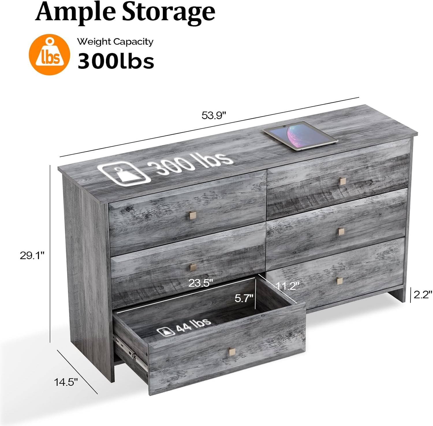 VINGLI Washed Gray Dresser 6 Drawer, 53.9' Long Dresser Wood with Textured Drawer Front, Grey Chest Dressers for Bedroom, Storage Cabinet, Chest of Drawers, Living Room,Hallway,Rustic