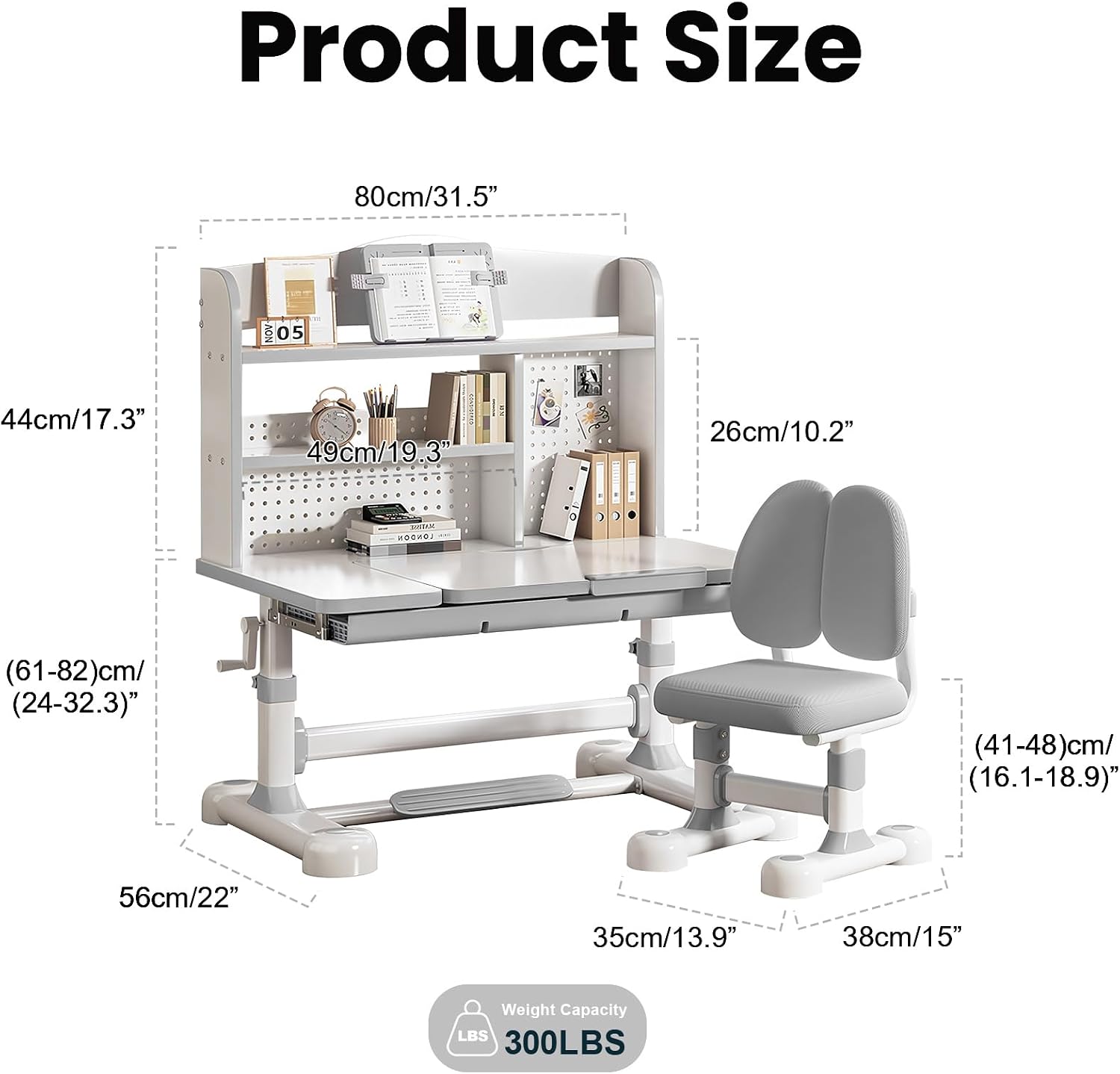Kids Desk and Chair Set, Height Adjustable Study Desk with One-Touch Tilting Desktop (0–50°), Storage Drawer & Bookshelf, Ergonomic Desk for Boys and Girls Ages 3–12 (Grey)