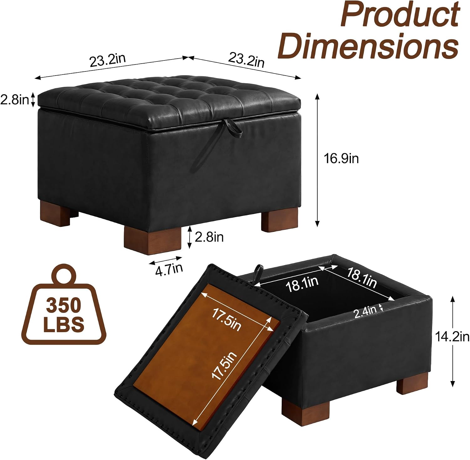 WUTUTUEE 24' Faux Leather Square Storage Ottoman with Wooden Tray, Modern Tufted Button Footstool Coffee Table, Upholstered Small Ottoman for Living Room, Bedroom, Black