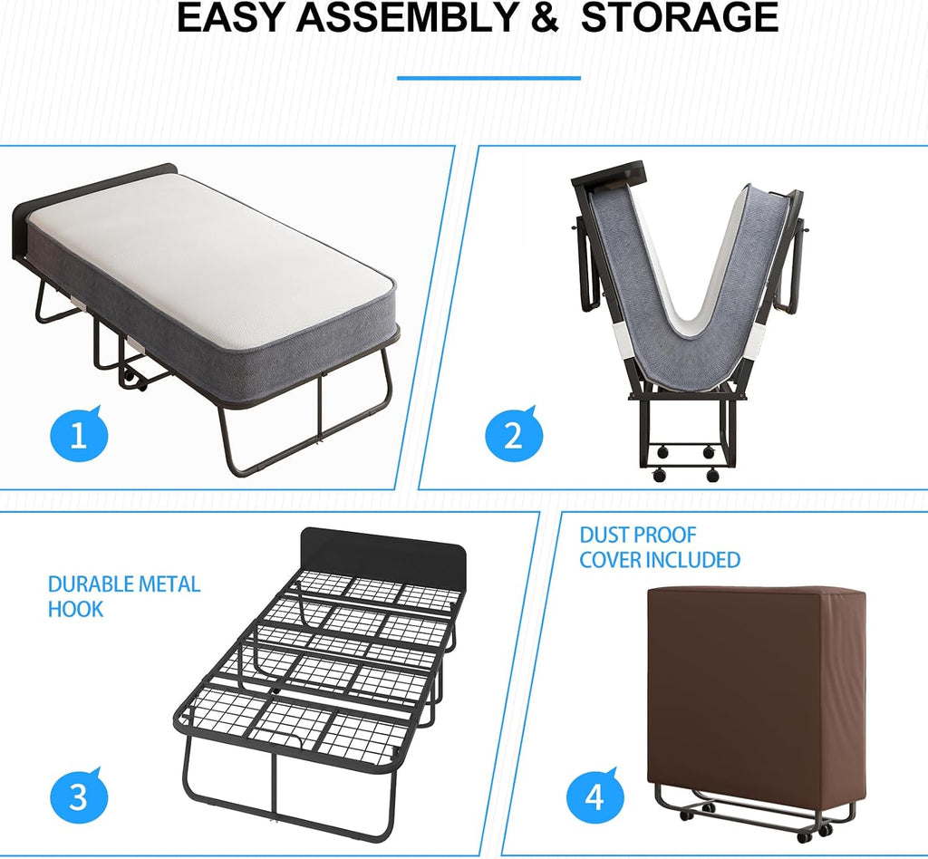 PUREMIND Folding Bed with 5' Mattress for Adults, Twin Size Rollaway Bed with Foam Mattress, Portable Foldable Guest Beds - Sturdy Metal Frame & Dustproof Bag, Hideaway, 75' x 31'