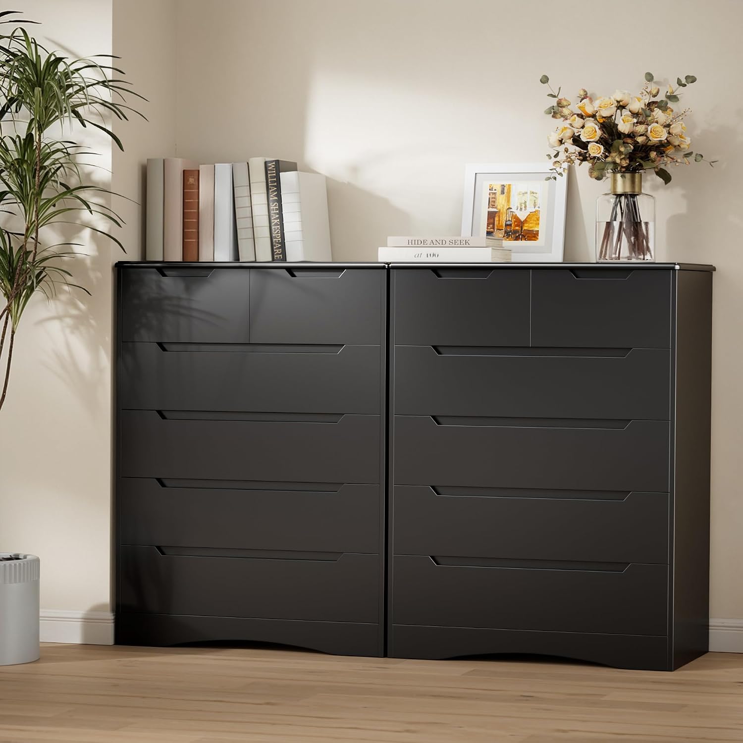 Gizoon 6 Drawer Dresser, Chest of Drawers with Large Storage, Black Dressers for Bedroom, Tall Dresser and Organizer with Anti-Tripping, Wooden Cabinet for Office, Living Room, Entryway