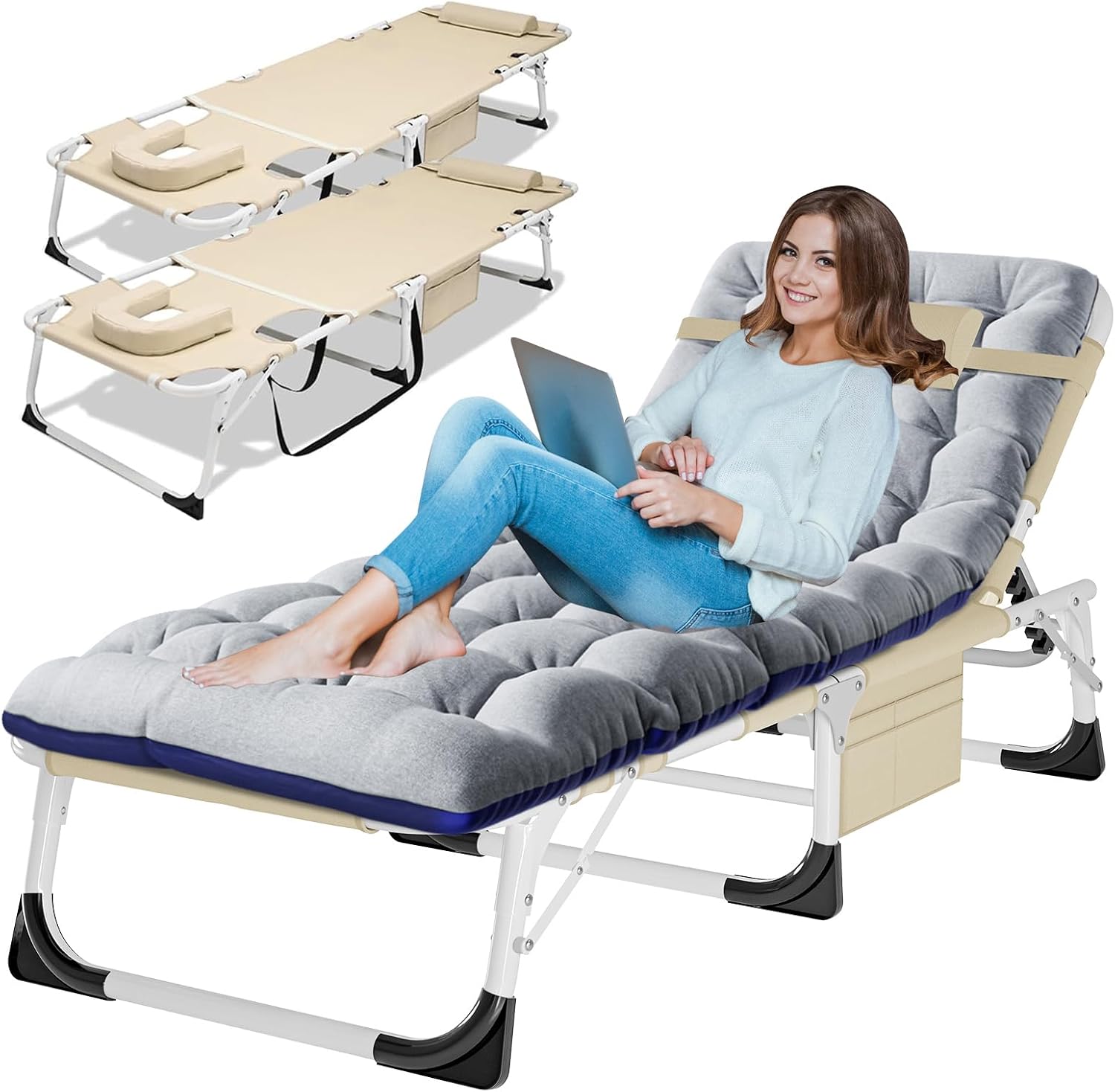 LILYPELLE 3in1 Sun Tanning Chair with Mattress, Heavy Duty Lounger Chairs with Face Arm Hole, Removable Pillow, Outside Chaise Lounge Chair for Sunbathing, Patio, Poolside, Lawn, Beach