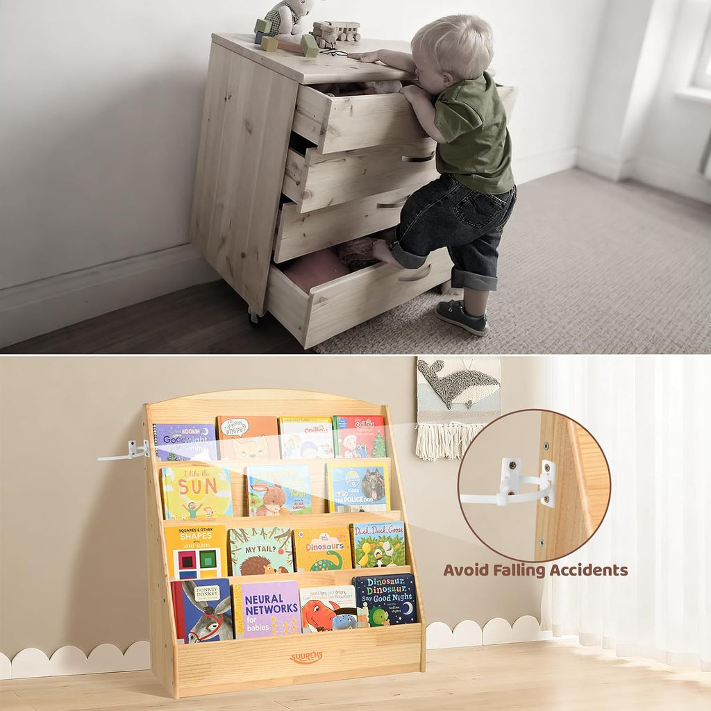 Montessori Bookshelf, 4 Tier Kids Bookshelf – Safe, Sturdy, and Easy to Clean, Premium Wooden Book Shelf for Kids Rooms, Playroom, Classroom, Nursery（31-1/2' D x 11-4/5' W x 31-1/2' H）