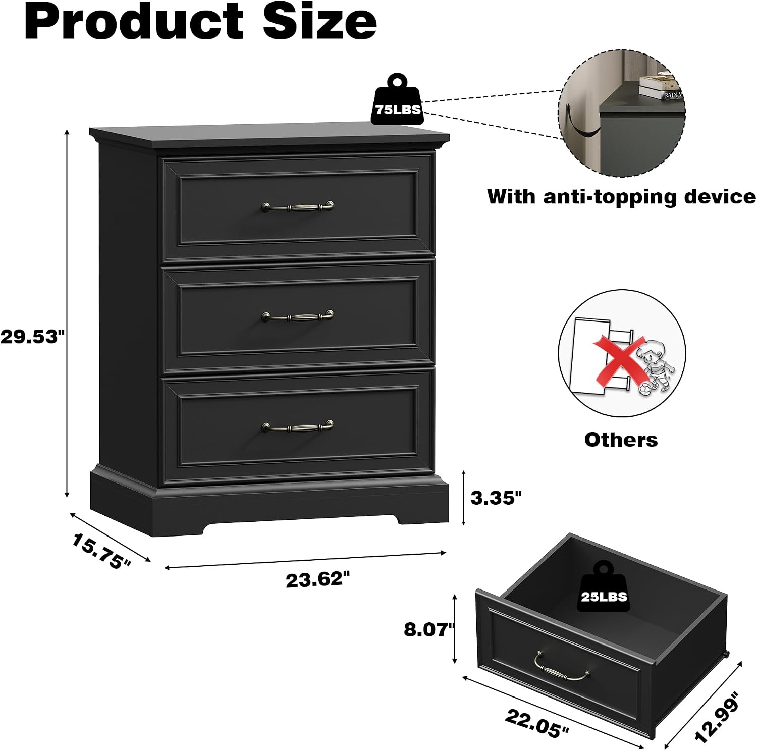 Farmhouse 3 Drawers Dresser for Bedroom, 24' Wide Modern Chest of Drawers with Deep Drawers & Bar Handles, Rustic Wood Nightstand, Wooden Closet Storage Organizer for Living Room, Hallway, Black