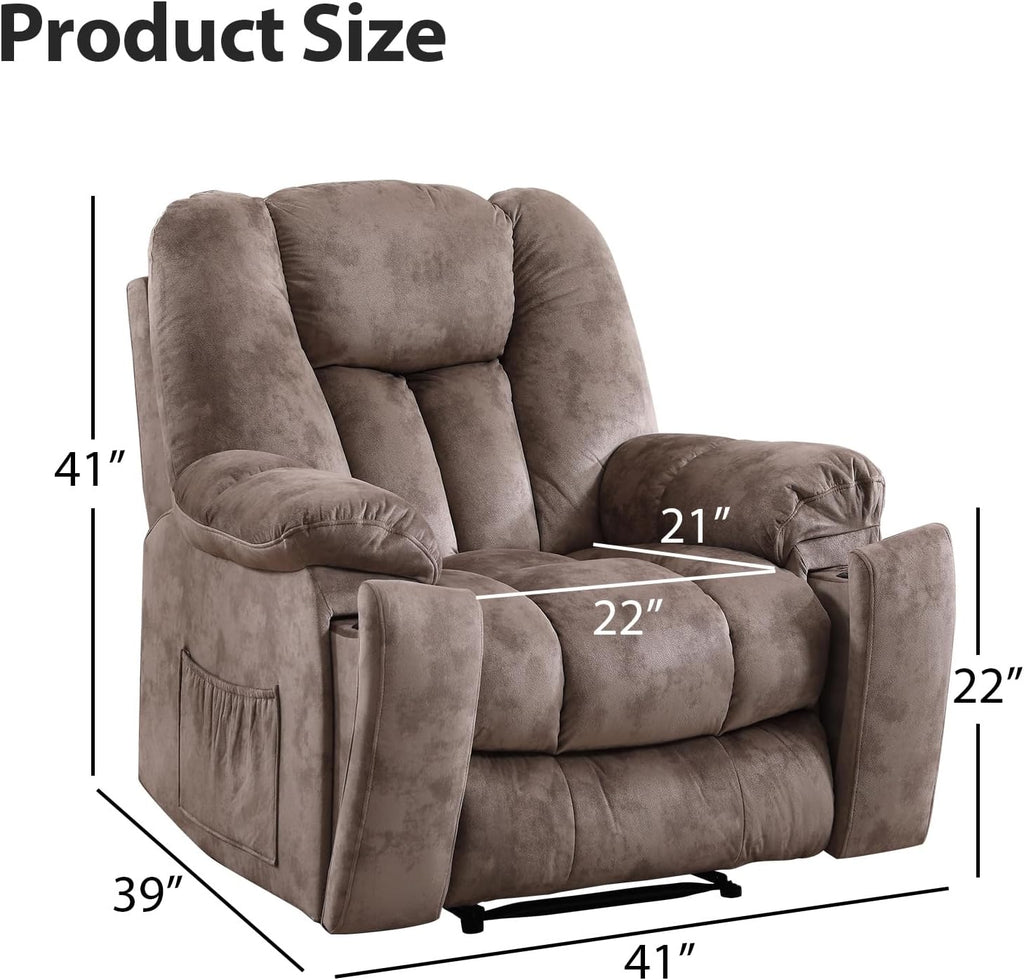 EBELLO Manual Recliner Chair with Massage and Heat, Soft Fabric Massage Recliner for Adults with Hidden Cup Holders, Side Pocket, Overstuffed Single Reclining Sofa for Living Room, Brown