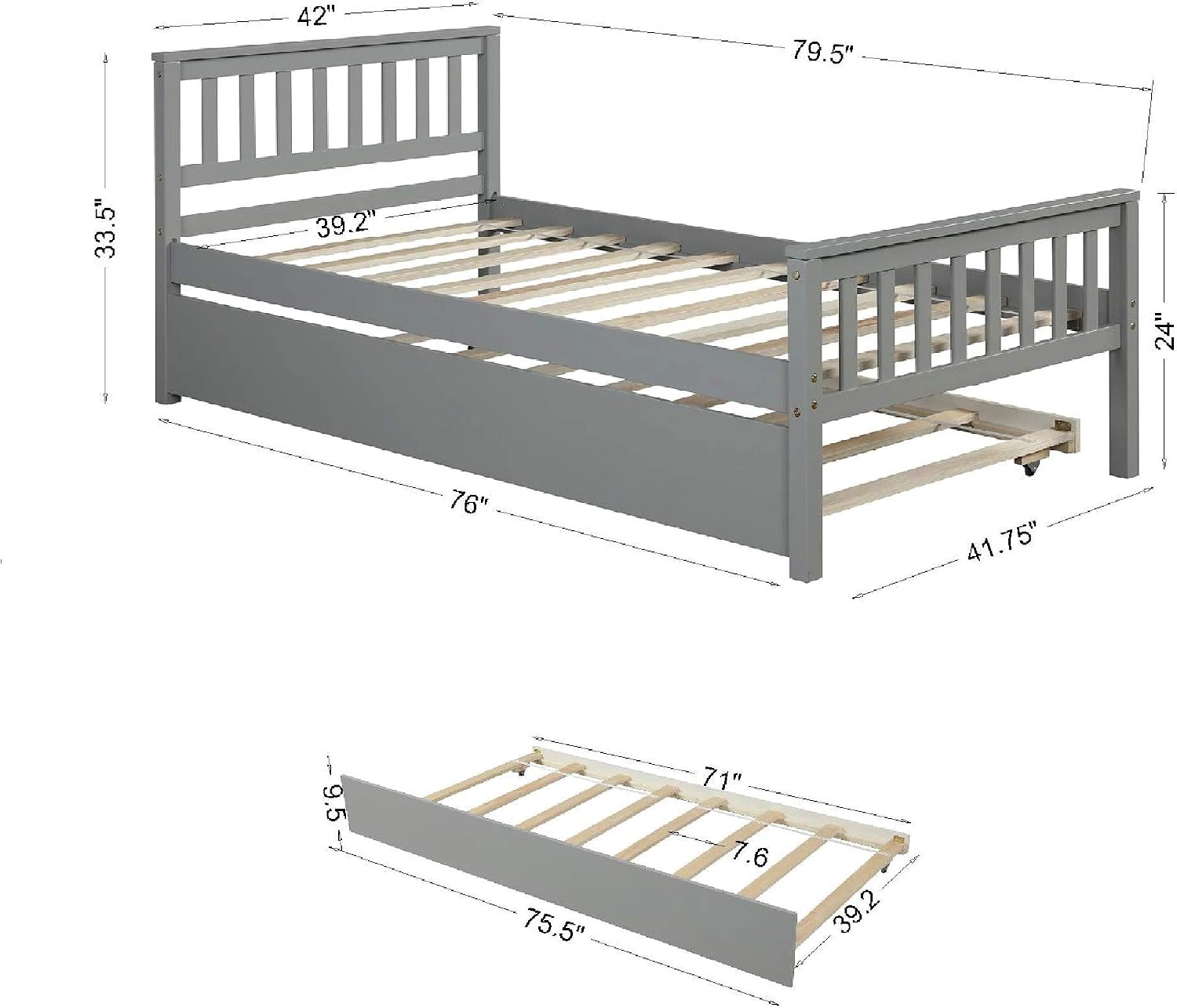 PVWIIK Twin Daybed with Trundle for Kids Bedroom,Wood Platform Bed Frame with Headboard and Footboard for Small Living Space,No Box Spring Needed,Grey