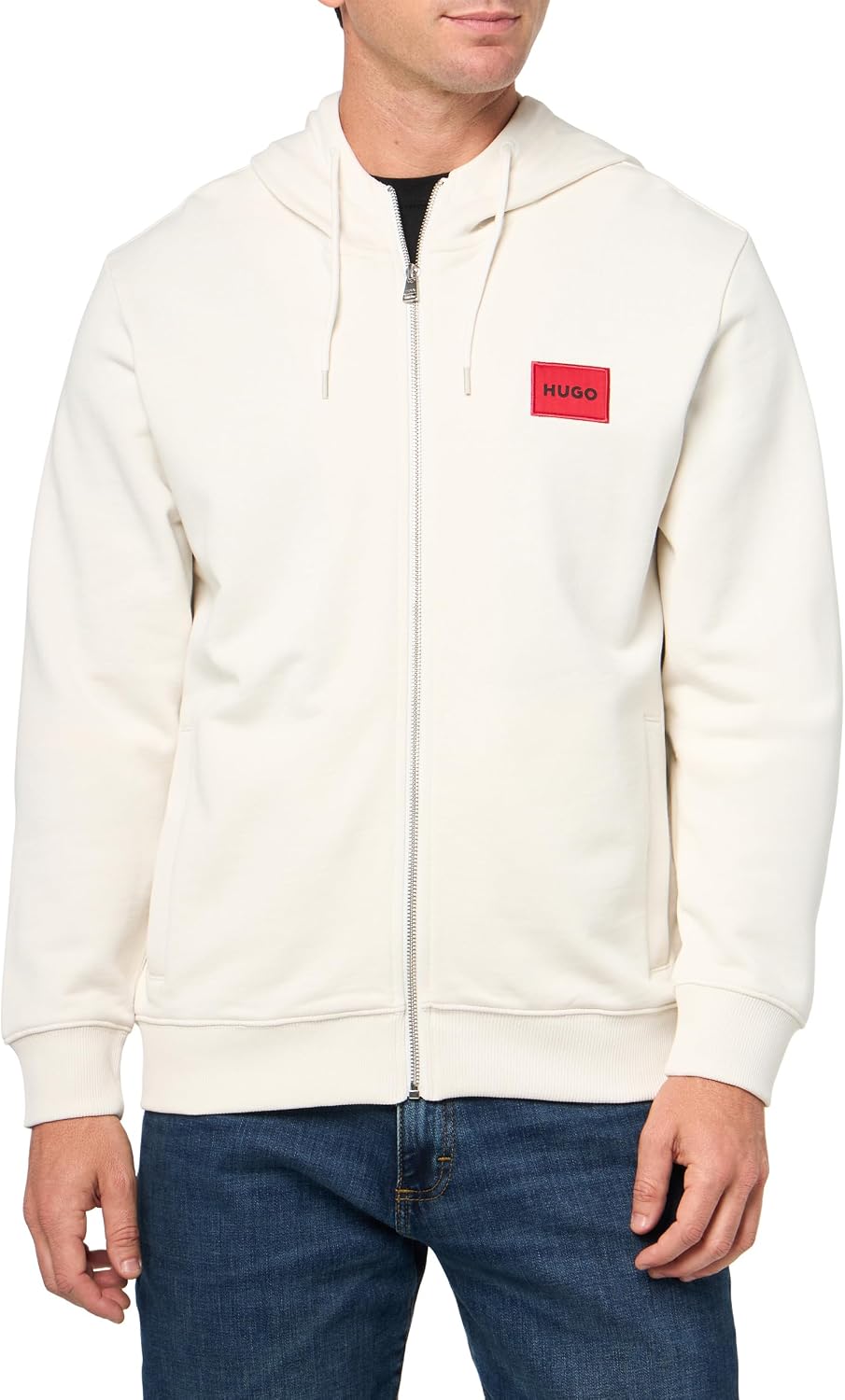 HUGO Men's Regular Fit Square Logo Jersey Hooded Zip Up Sweatshirt