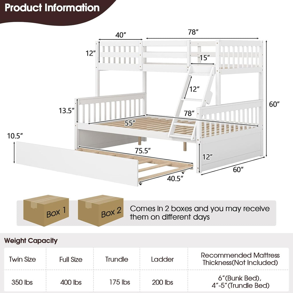 Giantex Twin Over Full Bunk Bed with Trundle, Convertible Platform Bed Frame with Ladder, Solid Wood Frame & Safety High Guardrails, Space-Saving Bunk Bed for Teens & Kids, No Box Spring Needed, White