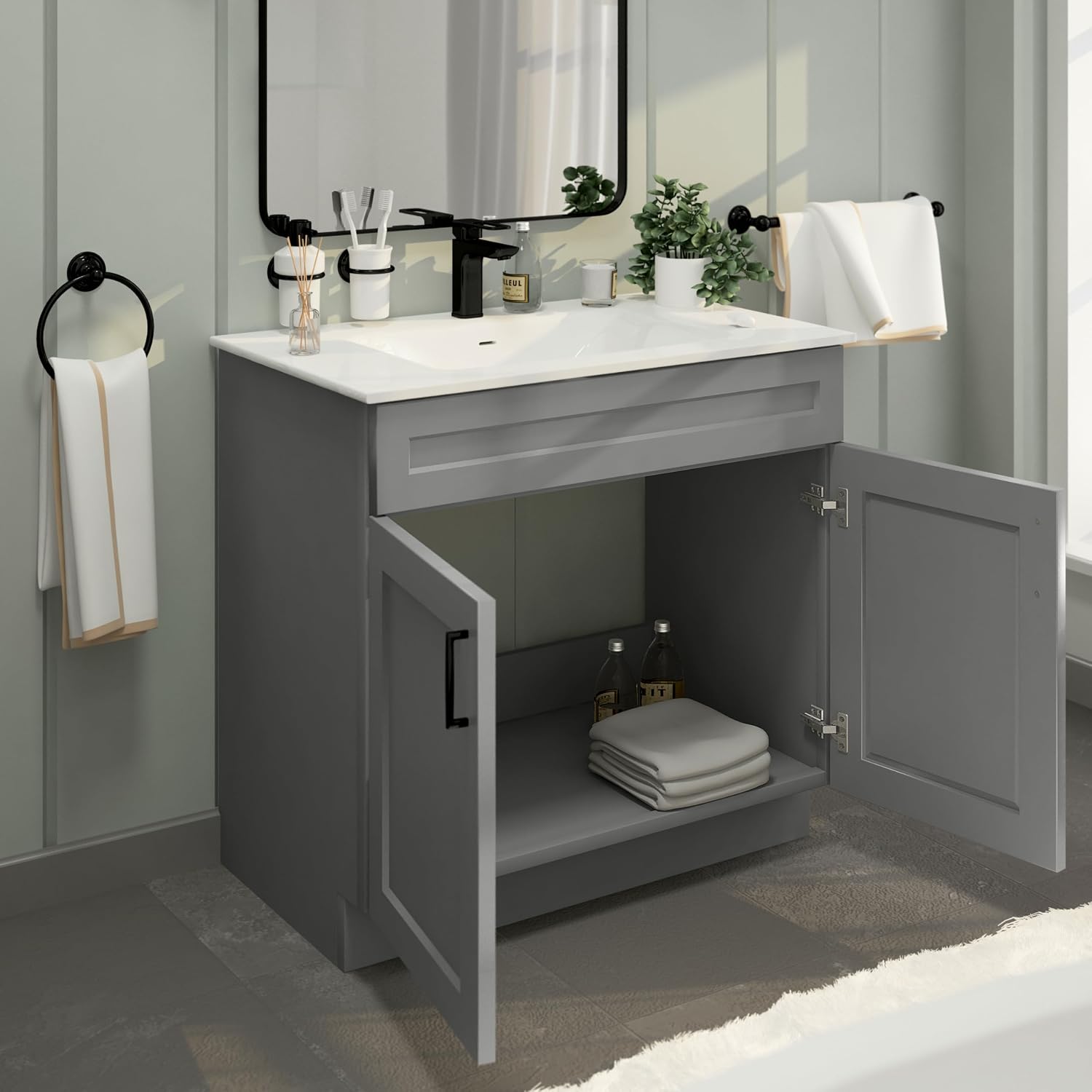 36' Light Grey Shaker Bathroom Vanity Base – Ready-to-Assemble Sink Cabinet, Freestanding Bathroom Vanity Base Only, No Top or Sink