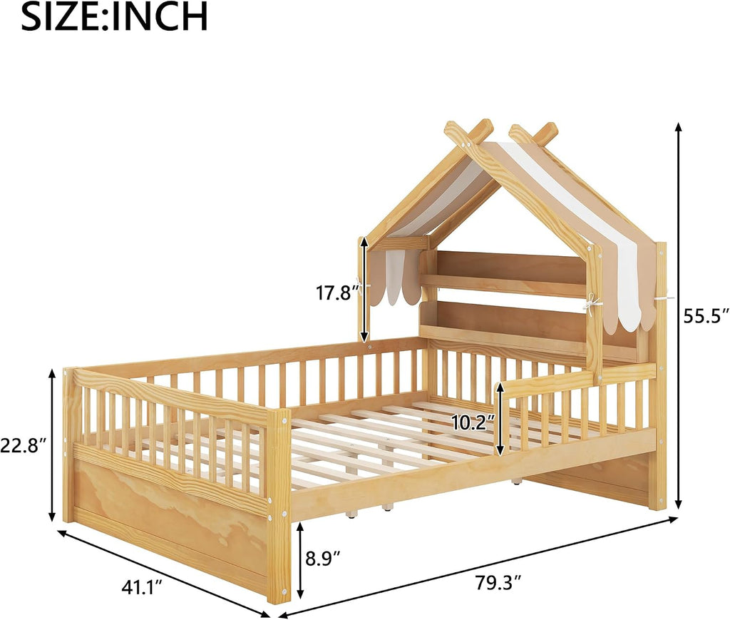 Merax Twin Size House Bed with Storage Headboard Shelf & Removable Canopy, Wooden Platform Bed Frame with Guardrail for Boys Girls Teens Bedroom Use, No Box Spring Needed, Natural