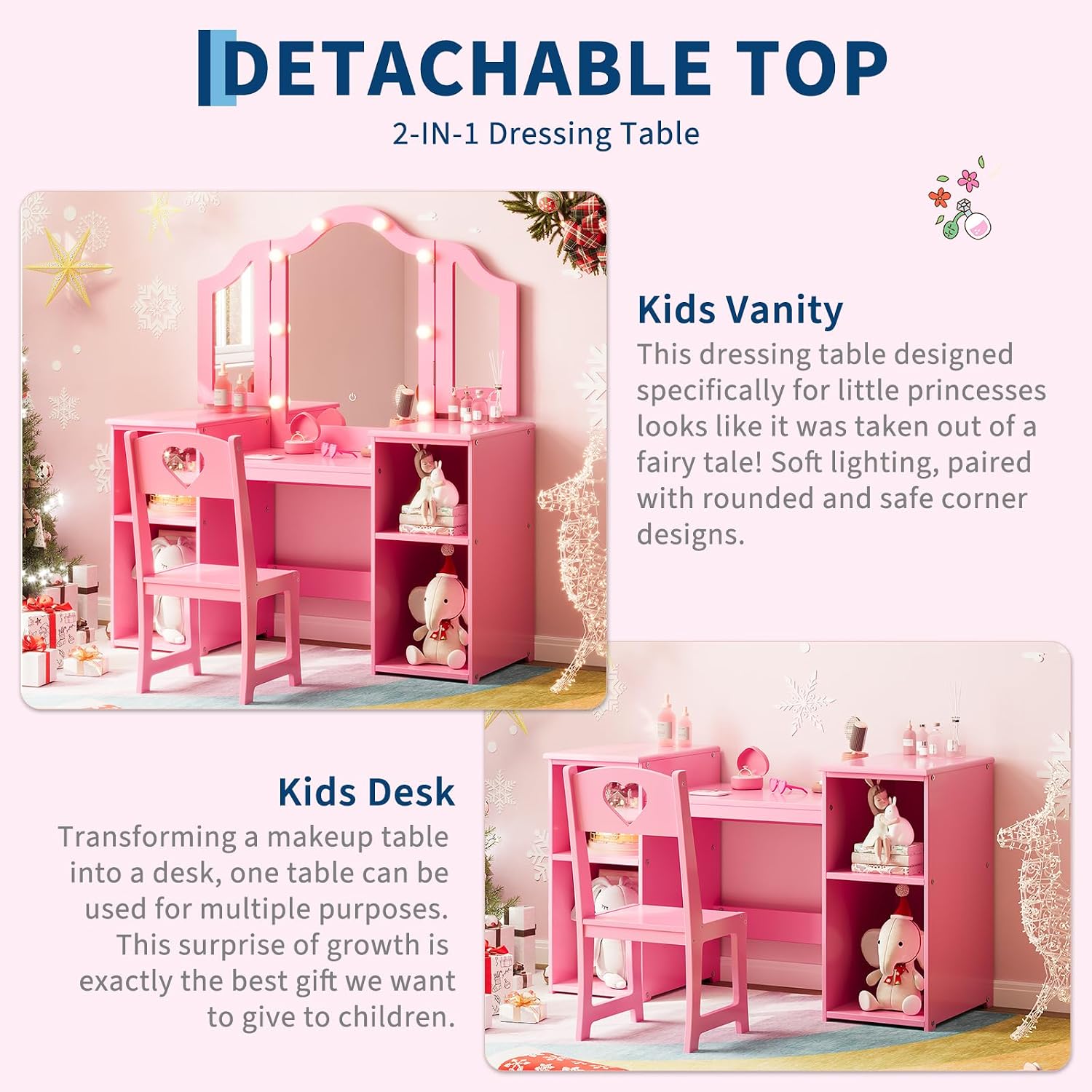 Garvee Princess Vanity Table & Chair Set for Girls with Tri-Folding Mirror, Touch Light Vanity Desk with Storage & High Back Chair - Convertible to Writing Desk, Gift for Girls