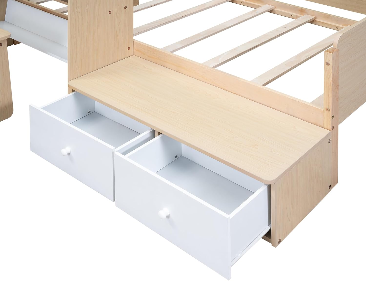 Functional Design Twin Size Platform Bed Daybed with 2 Drawers and 1 Chair&Desk Set, Solid Wood Daybed Frame with Full-Length Guardrails for Kids Boys Girls, Sturdy Slat Support (Natural+White)