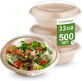 [500 SET]Harvest Pack PFAS FREE 32oz Compostable Round Paper Bowls with Dome Lids, Heavy-Duty Eco-Friendly Disposable Bagasse Salad Bowl, from Sugarcane plant fibers for Meal Prep