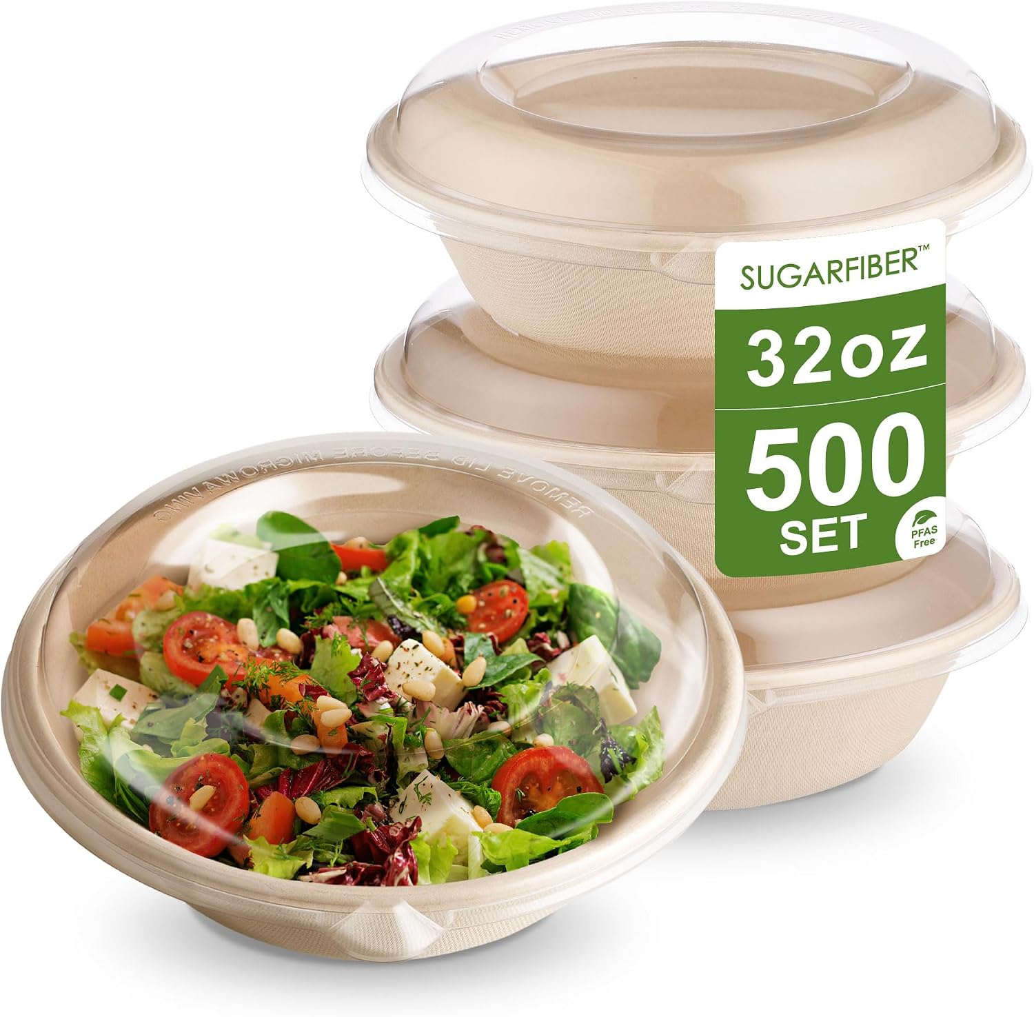 [500 SET]Harvest Pack PFAS FREE 32oz Compostable Round Paper Bowls with Dome Lids, Heavy-Duty Eco-Friendly Disposable Bagasse Salad Bowl, from Sugarcane plant fibers for Meal Prep
