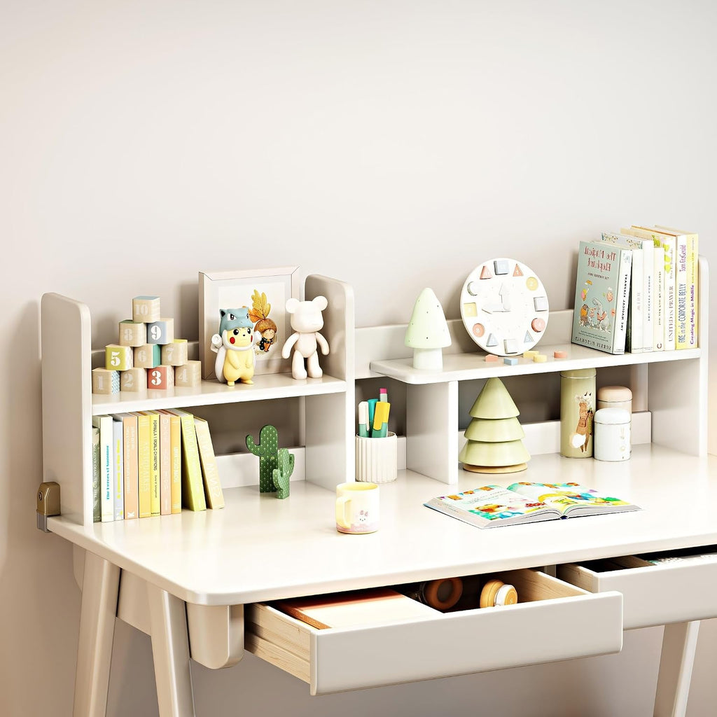 Kids Desk＆Table Rubber Wood Children's Study Desk with Bookshelf and Two Drawers for 3 Years and Above Student's Study Computer Workstation & Writing Table for Home Use(White