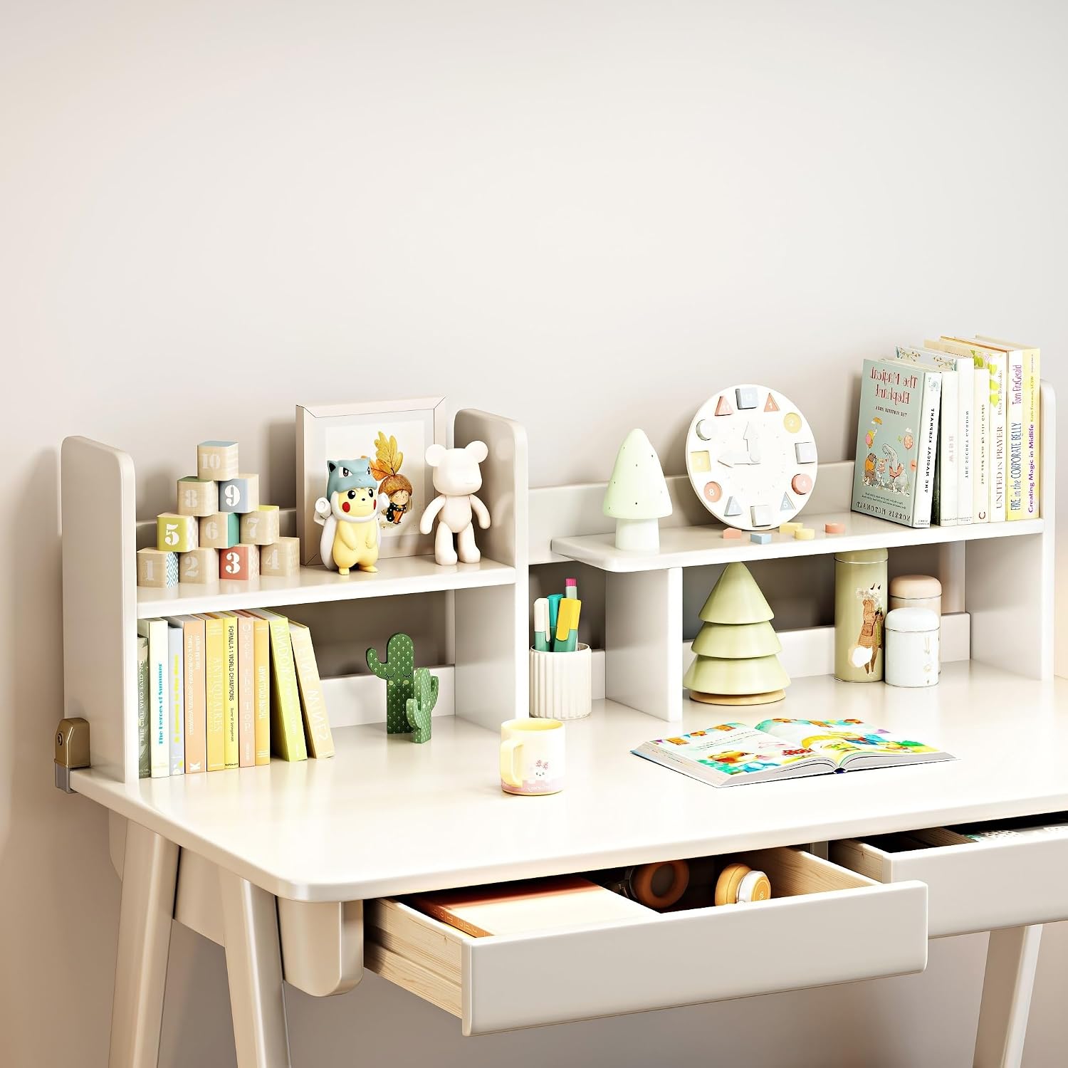 Kids Desk＆Table Rubber Wood Children's Study Desk with Bookshelf and Two Drawers for 3 Years and Above Student's Study Computer Workstation & Writing Table for Home Use(White