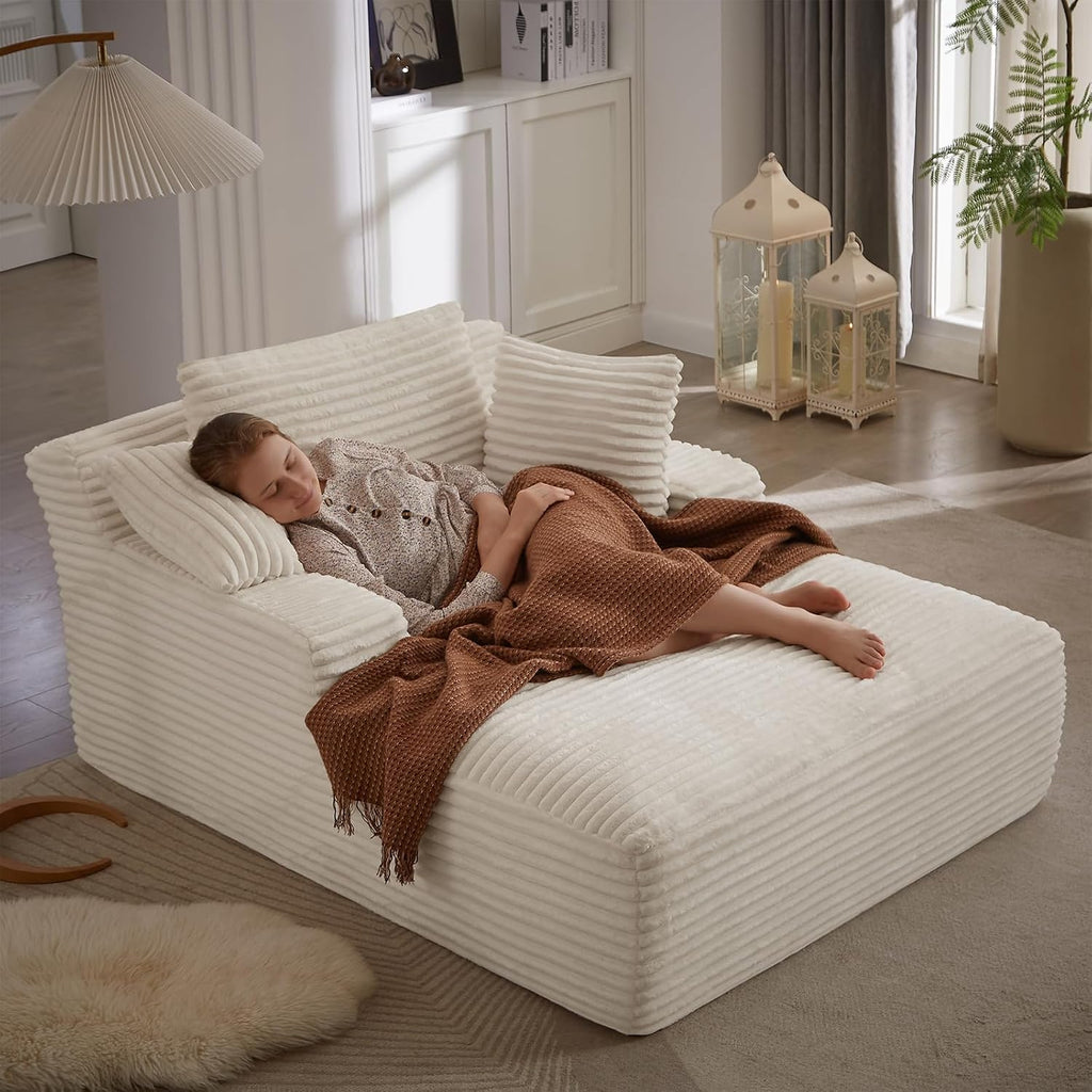 Oversized Chaise Lounge Chair Indoor, 66' Cloud Boneless Sleeper Couch Corduroy Upholstered Sofa Bed Deep Seat Comfy Reading Chair with 3 Pillows for Living Room Bedroom, Beige