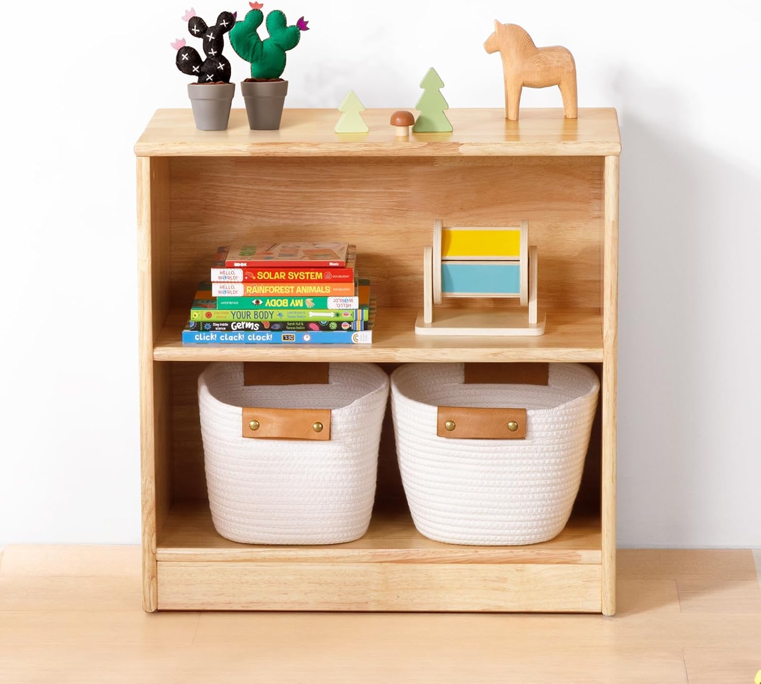 OOOK Rubber Wood Montessori Shelf and Toy Storage, 23.6' L, Compact Toddler Bookshelf for Small Space, Solid Wood Storage Cabinet Shelves for Classroom, Kindergarten, Kids Room, Playroom