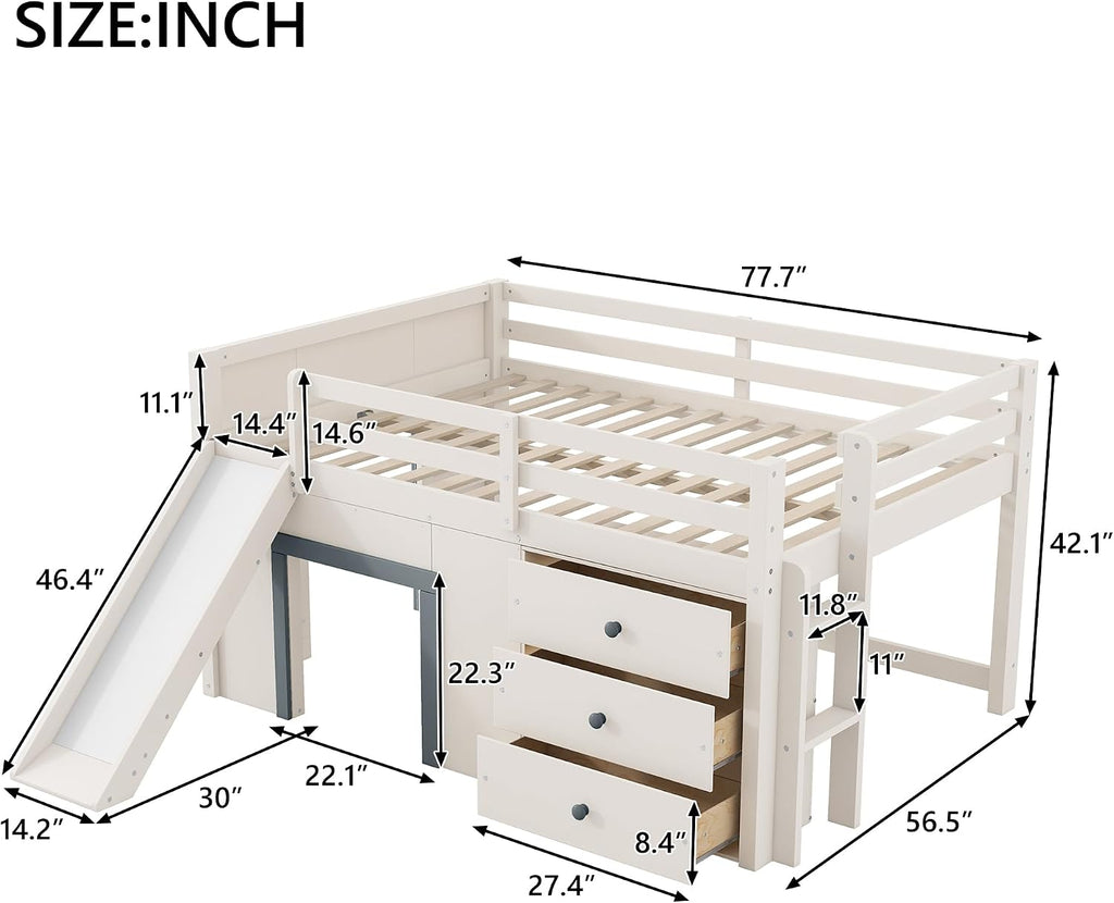 JIVOIT Wooden Low Loft Bed with Slide, Full Size Loft Bed with Three Storage Drawers and Two Doors, Wood Slat Support, No Box Spring Required