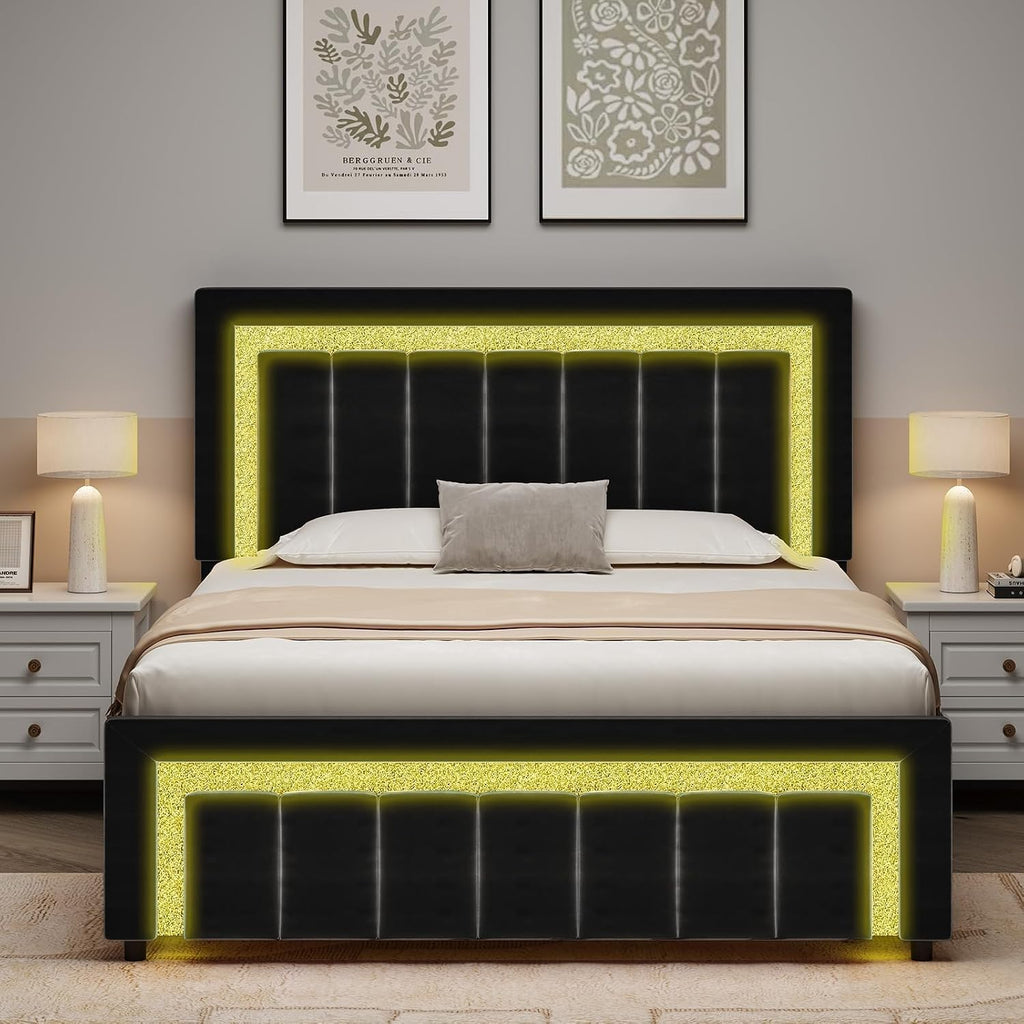 Queen Size Bed Frame with LED Lights and Velvet Upholstered Adjustable Headboard, Bed Frame Queen Size with Diamond Headboard & Footboard, Wooden Slats Support, Noise Free, No Box Spring Needed, Black