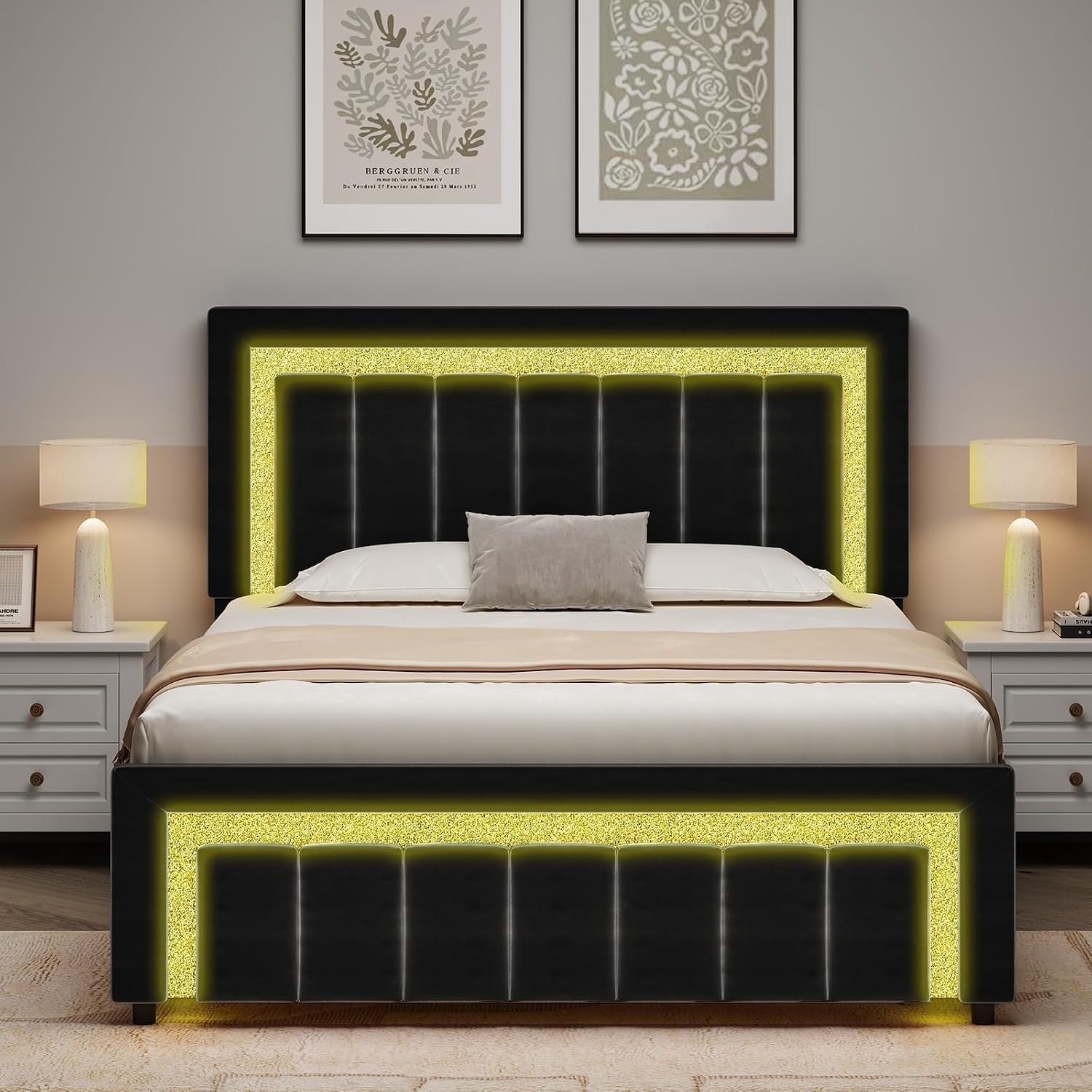 Queen Size Bed Frame with LED Lights and Velvet Upholstered Adjustable Headboard, Bed Frame Queen Size with Diamond Headboard & Footboard, Wooden Slats Support, Noise Free, No Box Spring Needed, Black