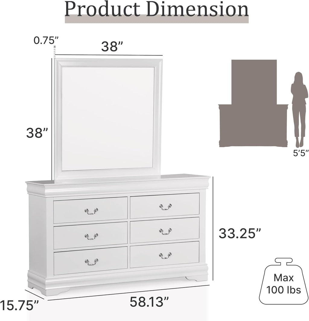 Furniture of America Arabella Traditional Wooden 6 Drawer Dresser with Mirror, Vintage Bedroom Set, Accent Vanity Dressing Table with Antique Nickle Handles for Dressing Room, Walk-in Closet, White