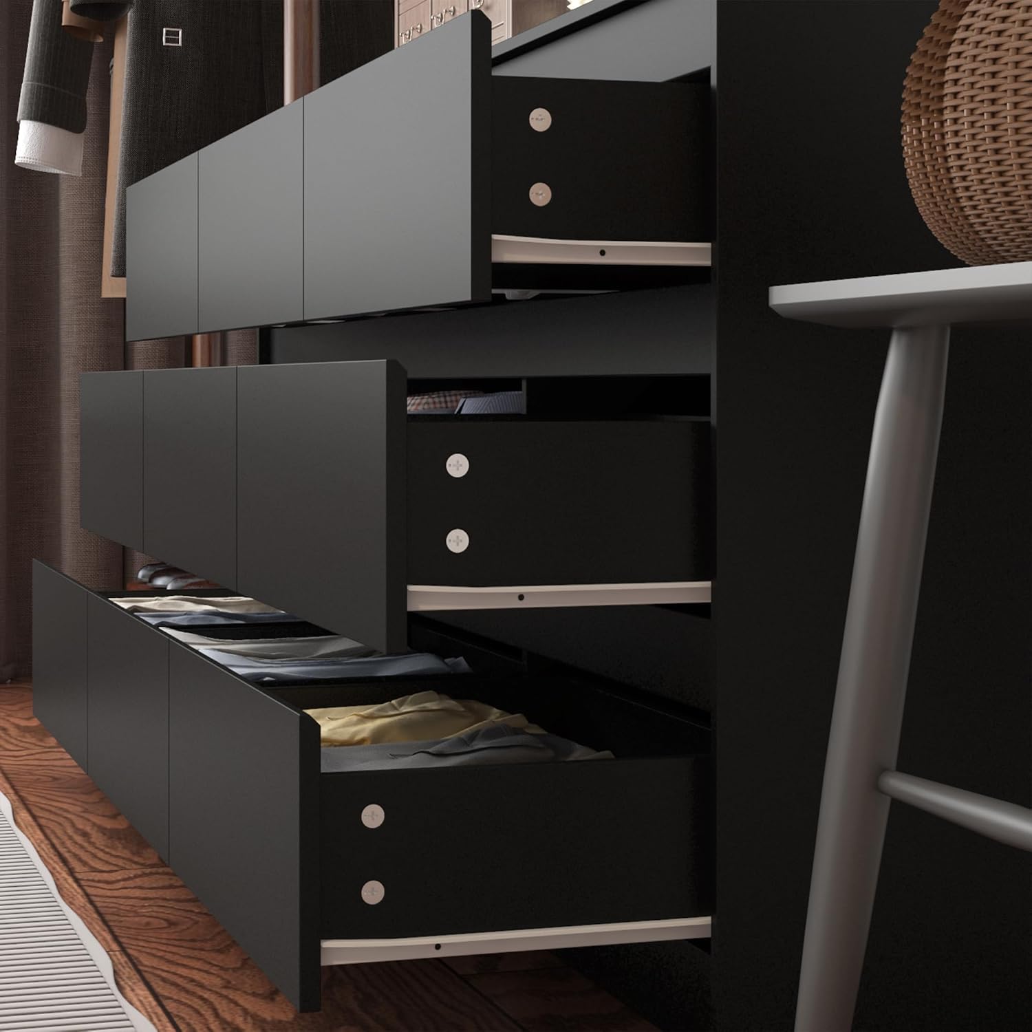 9 Drawer Dresser for Bedroom with Deep Drawers, Large Floor Wood Dressers & Chest of Drawers Handle Free, Modern Black Long Dressers for Closet Living Room, Euro Slide (63'W x 15.7'D x 31.5'H)