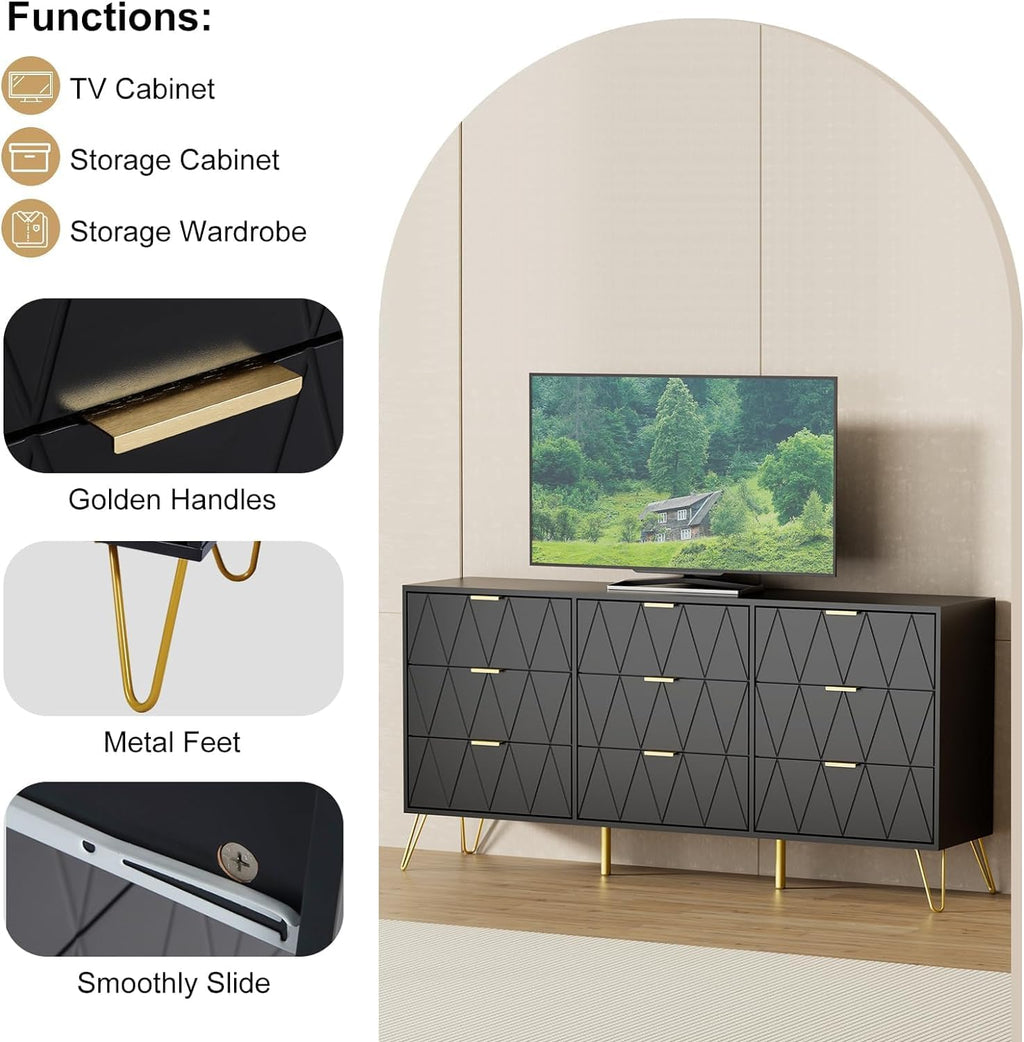 UEV Black Dresser for Bedroom,Modern 9 Drawer Triple Dresser with Gold Accents,Long Storage Organizer for TV Stand & Closet,Large Chest of Drawers for Living Room,Hallway,Entryway