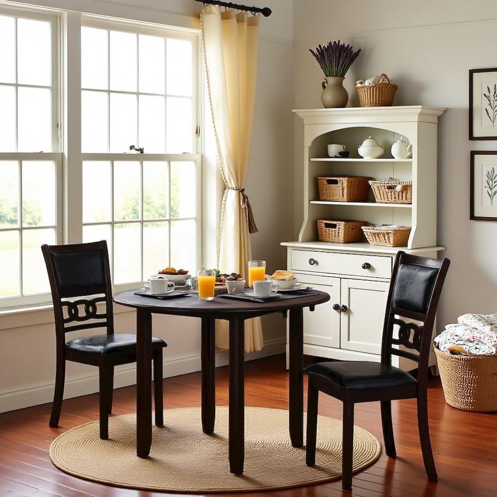 Furnifact Brown 3 Piece Drop Leaf Table and Chairs, Solid Wood Round Dining Table with Chairs, Transitional Compact Design for Kitchens with Upholstered Seating