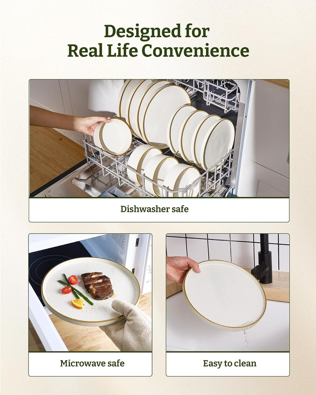 Famiware Nebula Plates and Bowls Sets, 24 Pieces Stoneware Dinnerware Sets, Reactive Glaze Dish Set, Dishes Set for 8, Matte Beige White with Brown Rim