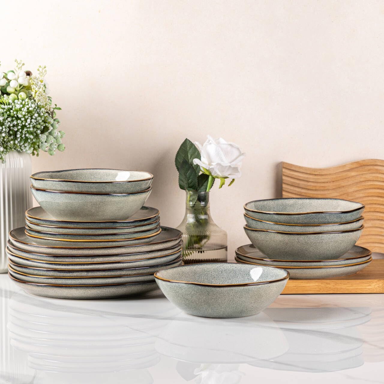 AmorArc Ceramic Dinnerware Sets,Handmade Reactive Glaze Stoneware Plates and Bowls Sets,Highly Scratch Resistant | Dishwasher & Microwave Safe Dishes Set,Service for 6 (24pc)