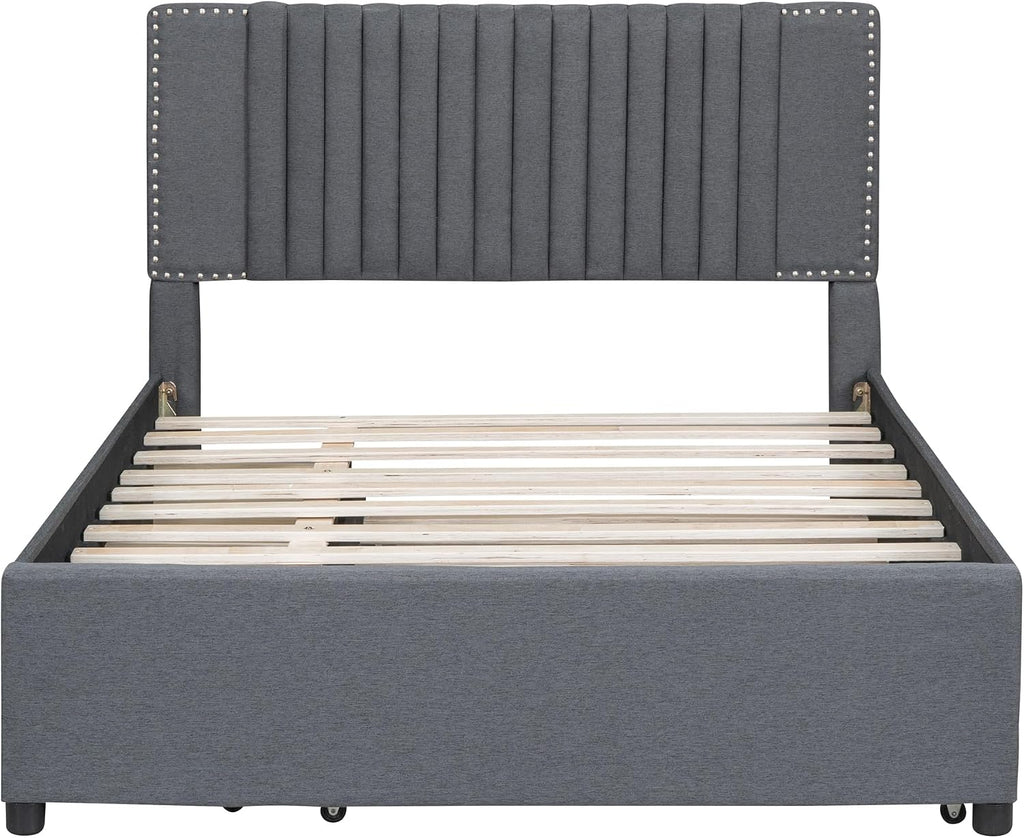 Merax Full Size Upholstered Platform Bed with 1 Twin Size Trundle and 2 Drawers,Soft Classic Headboard Design,Grey