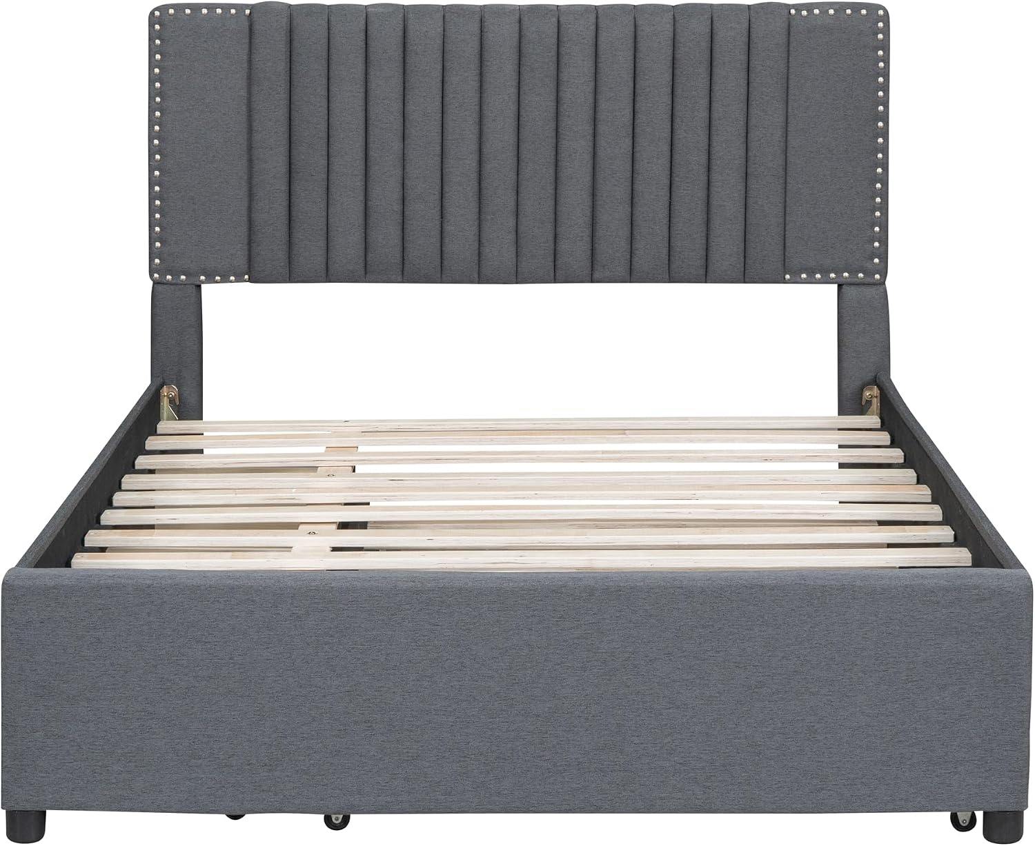 Merax Full Size Upholstered Platform Bed with 1 Twin Size Trundle and 2 Drawers,Soft Classic Headboard Design,Grey