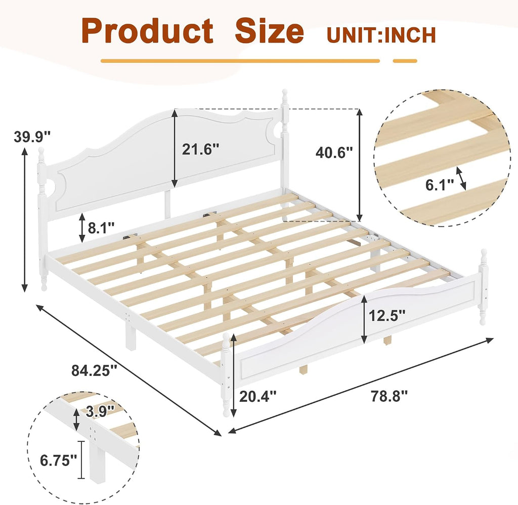 JIVOIT Retro Style Platform Bed with Headboard and Footboard, King Size Wood Platform Bed Frame with Wooden Slat Support, Solid Wood Foundation, No Box Spring Required (White,King,5)