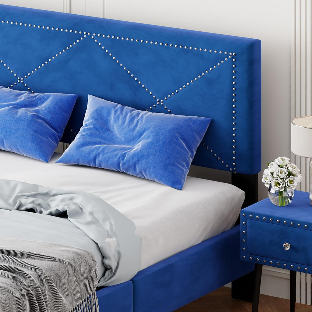 Full of Luxury 4-Pieces Bedroom Sets Queen Size Upholstered Bed Frame with Rivet Design,2 Nightstands and A Tufted Storage Ottoman for Girls,Boys,Kids,Teens, Adults (Blue-@A)