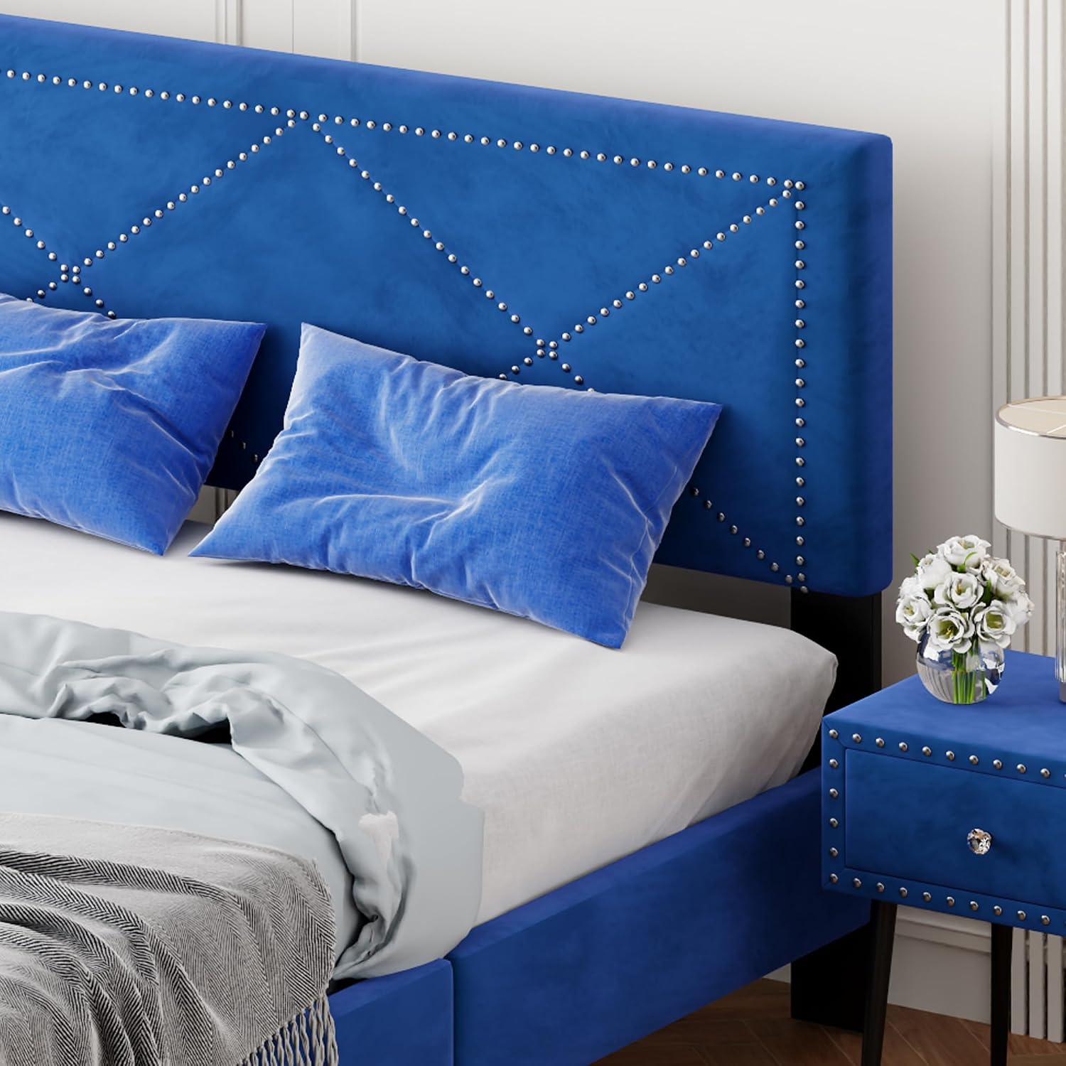 Full of Luxury 4-Pieces Bedroom Sets Queen Size Upholstered Bed Frame with Rivet Design,2 Nightstands and A Tufted Storage Ottoman for Girls,Boys,Kids,Teens, Adults (Blue-@A)