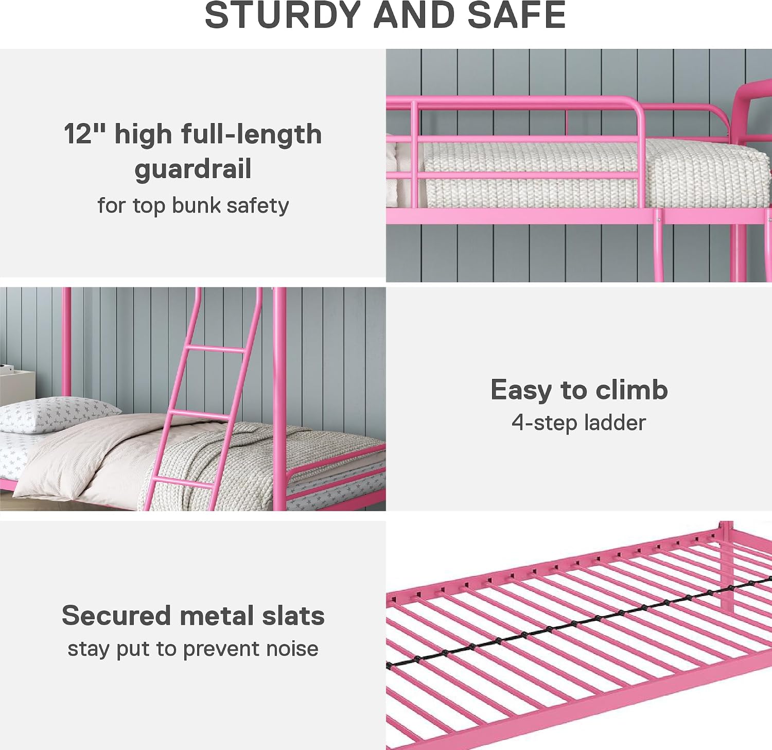 DHP Dusty Twin over Twin Metal Bunk Bed with Secured Ladder, Pink