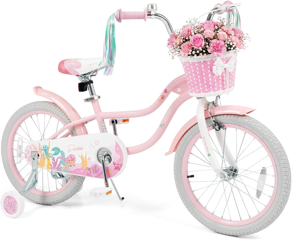 Olakids Kids Bike, 12 14 16 18 20 Inch Mermaid Theme Girls Bicycle with Training Wheels Basket Adjustable Seat and Handlebar Dual Brake
