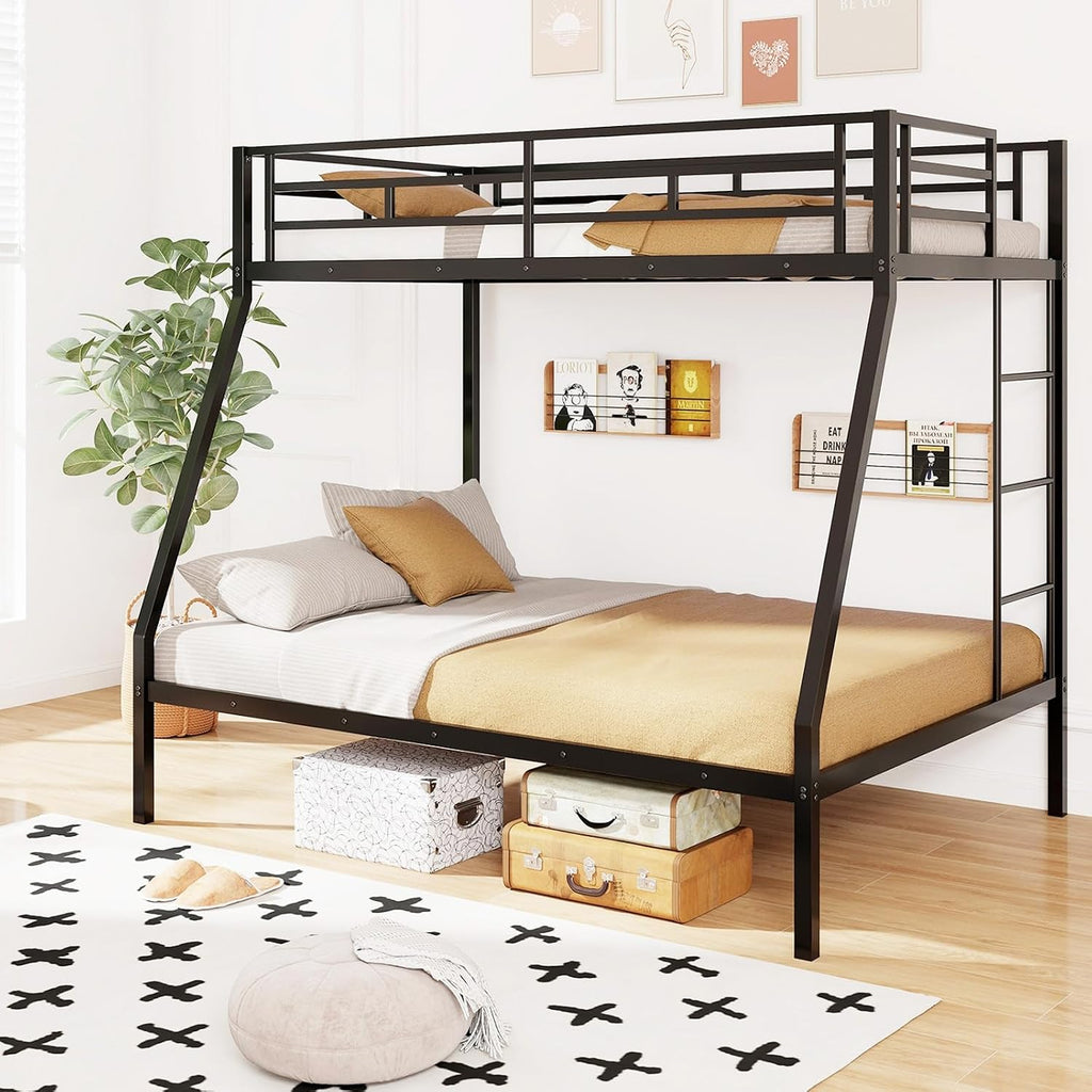 DORTALA Twin Over Full Bunk Bed, Metal Bunk Bed Frame w/Ladder, Safety Rail & Steel Slats, Space-Saving Bunk Beds for Kids Teens Adults, Noise Free for Dorm Bedroom, No Box Spring Needed, Black