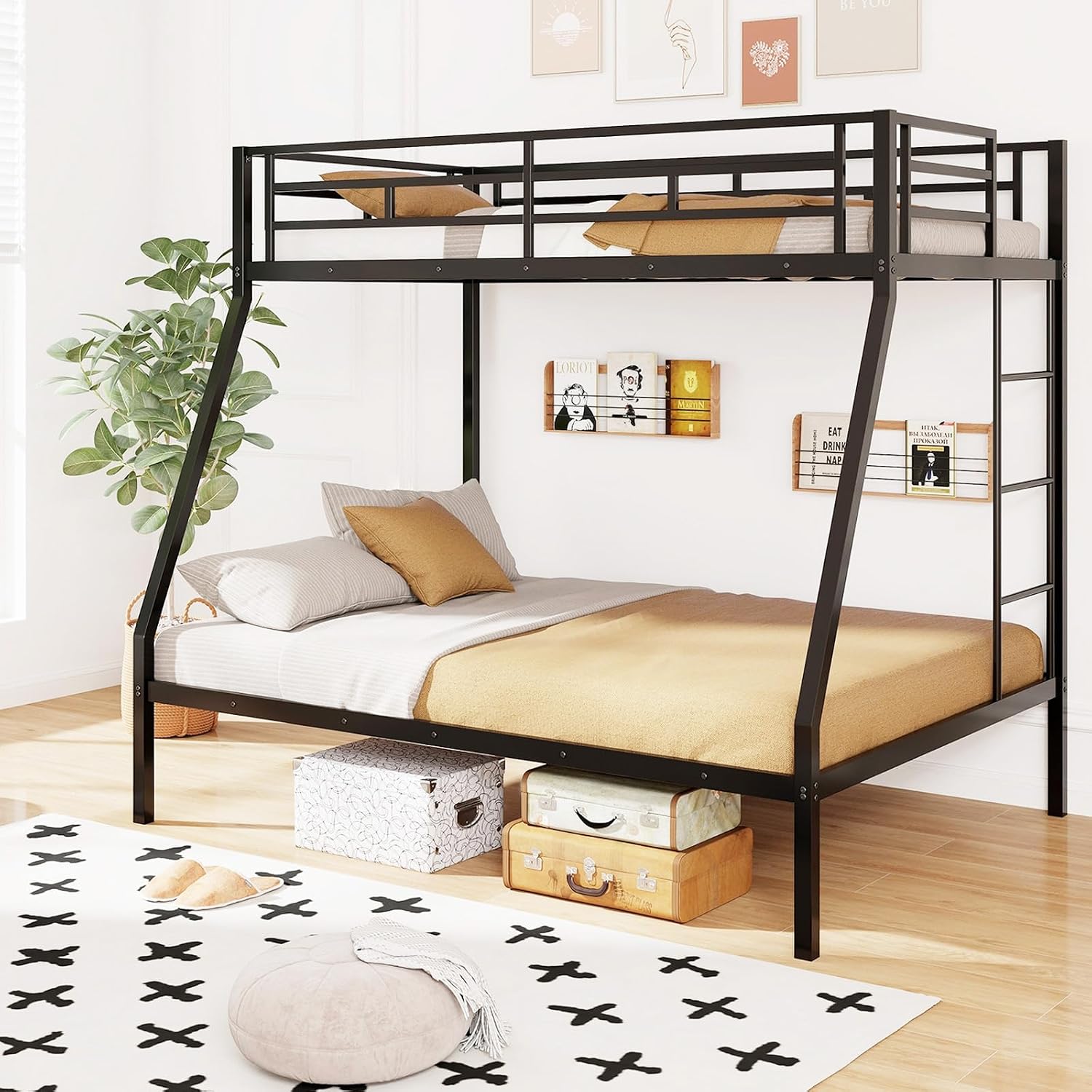 DORTALA Twin Over Full Bunk Bed, Metal Bunk Bed Frame w/Ladder, Safety Rail & Steel Slats, Space-Saving Bunk Beds for Kids Teens Adults, Noise Free for Dorm Bedroom, No Box Spring Needed, Black
