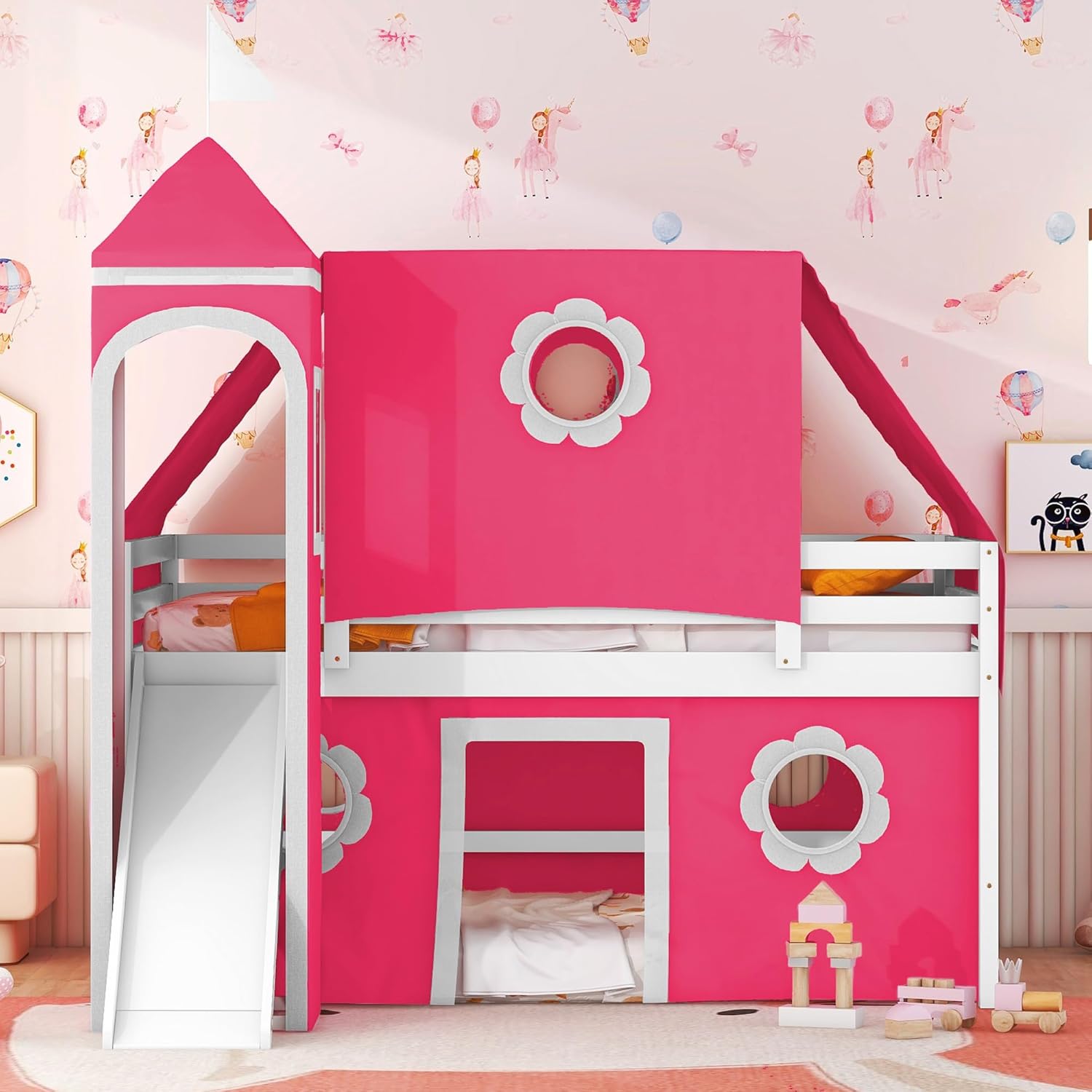 Pink Loft Bed with Slide and Play Tent Full Size Castle Themed Kids Bed with Tower Playhouse Design for Girls Bedroom Furniture